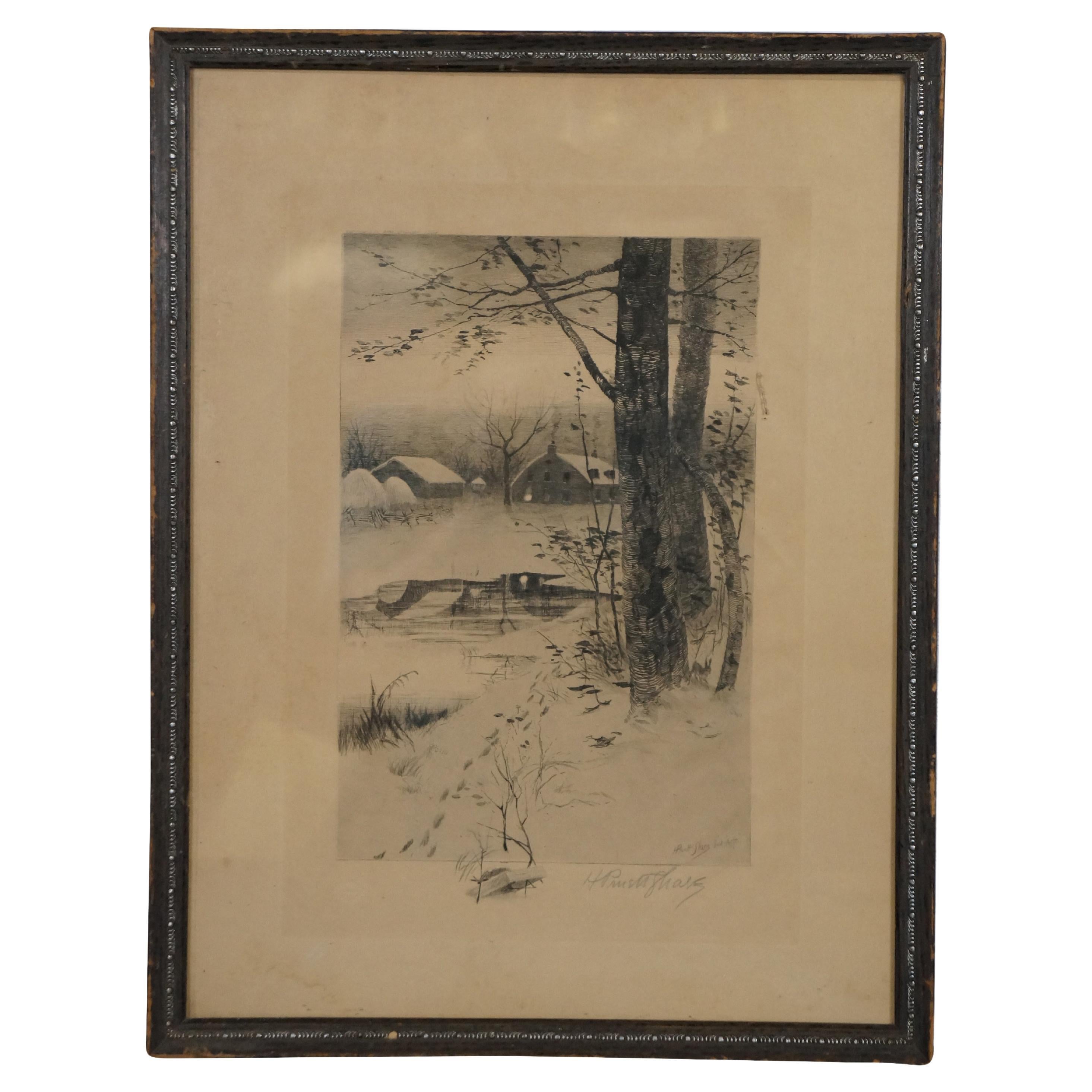 Antike, signierte Radierung von Henry Pruett aus dem Jahr 1887 mit dem Titel „Winter Farm Landscape“, 20"