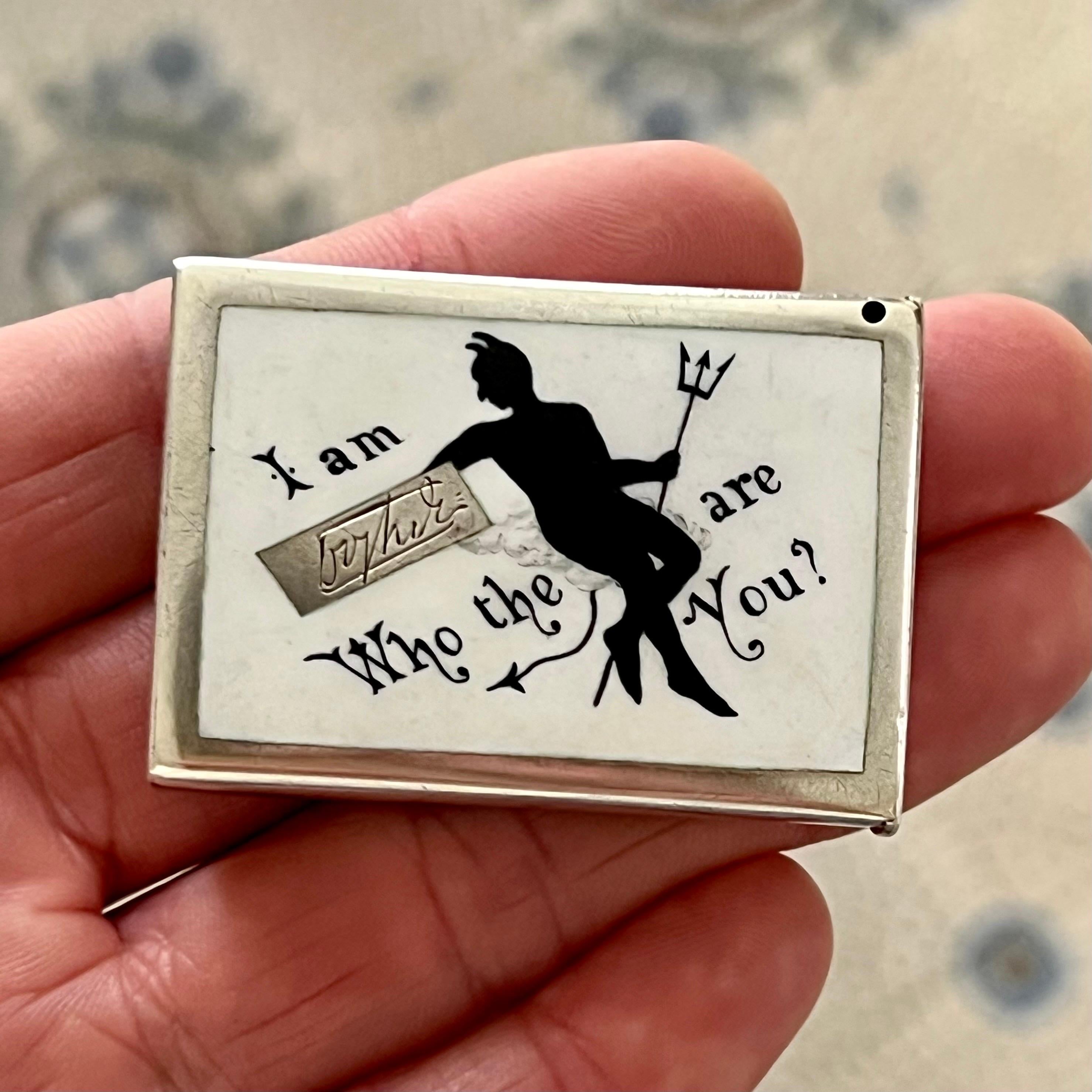 A rare and delightfully whimsical Victorian-era sterling silver vesta case, dated 1887, showcasing a unique blend of satire and fine craftsmanship. This collectible piece, both functional and humorous, exemplifies the playful side of 19th-century