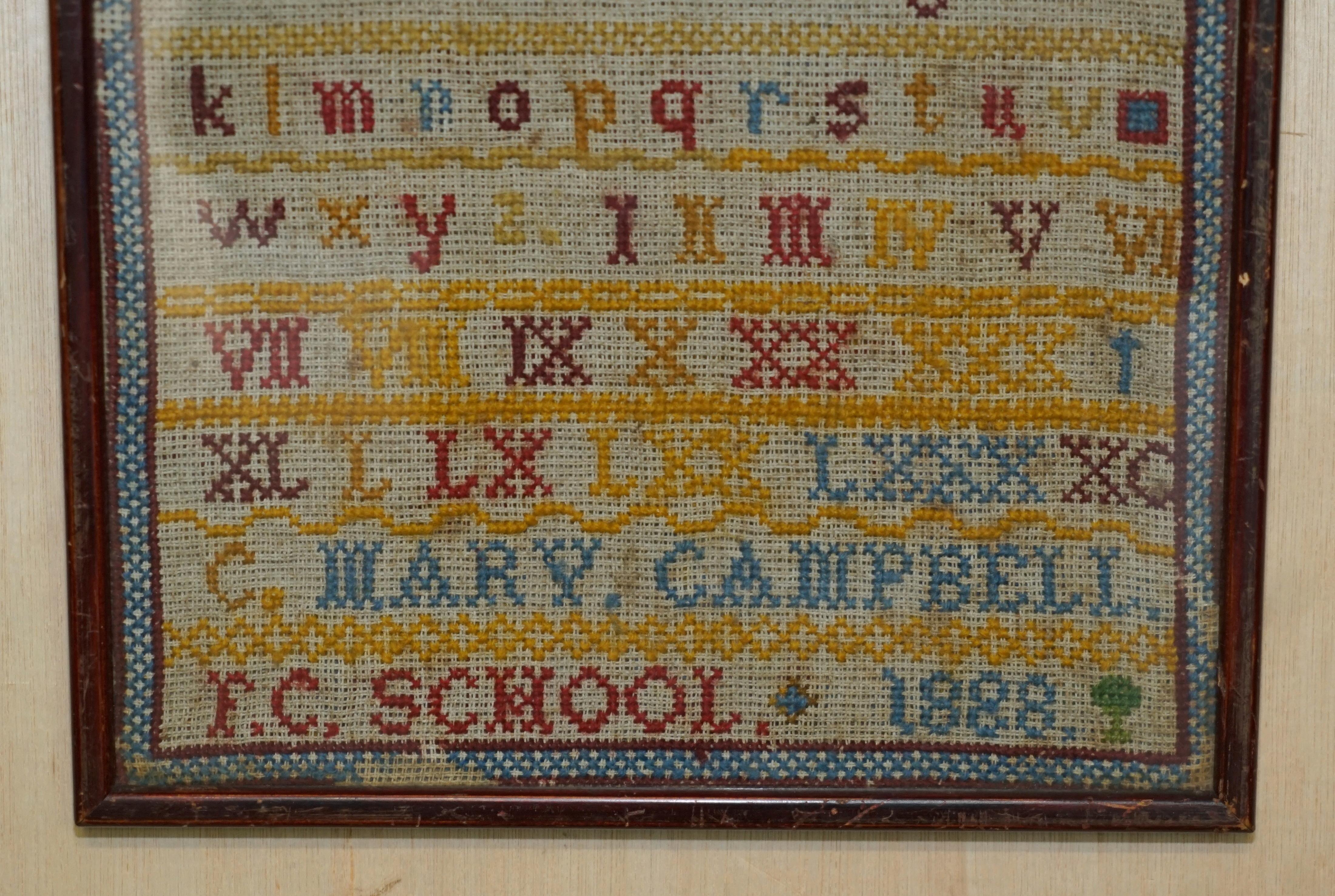 Late 19th Century Antique 1888 Mary Campbell Fc School of Scotland Victorian Needlework Sampler For Sale