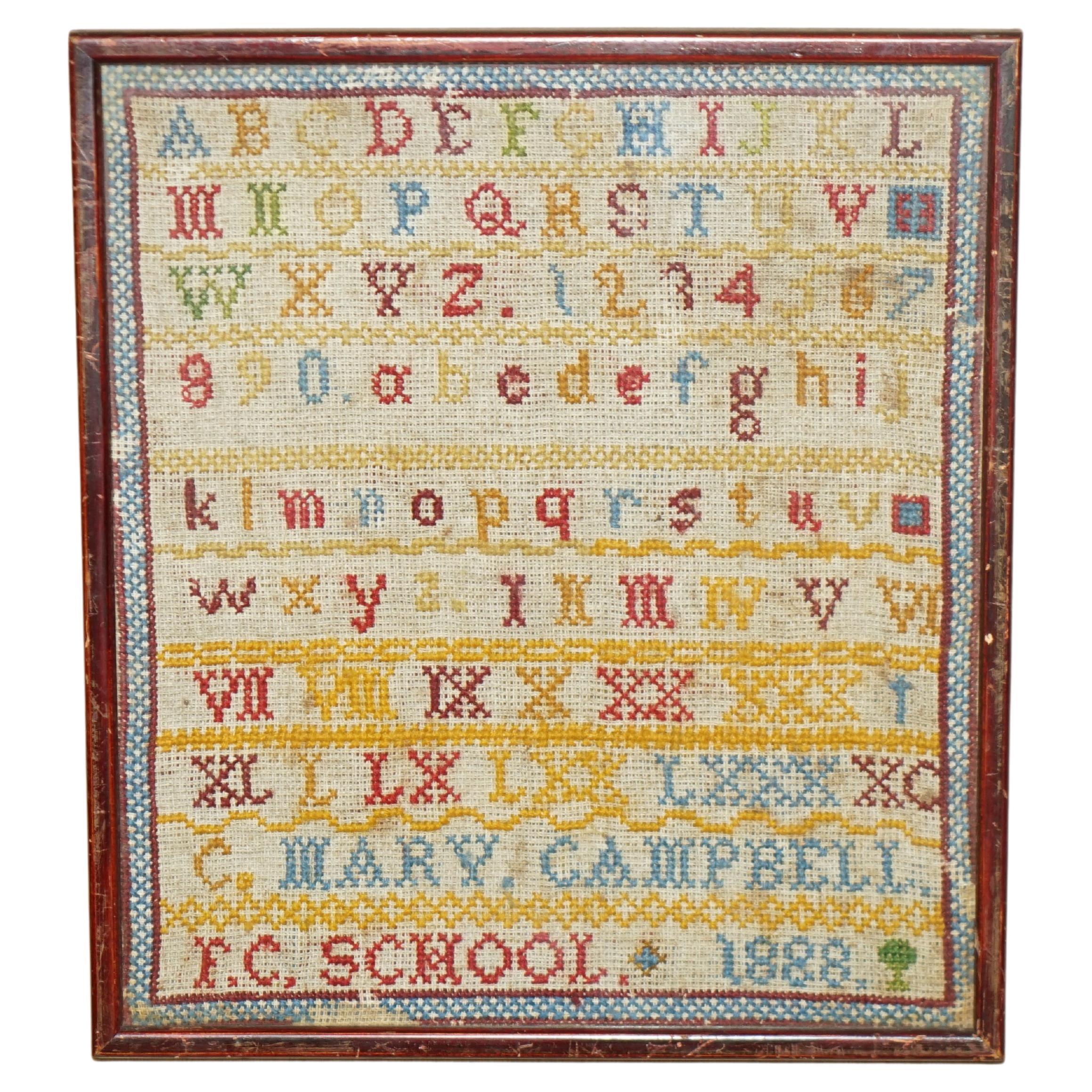 Antique 1888 Mary Campbell Fc School of Scotland Victorian Needlework Sampler For Sale