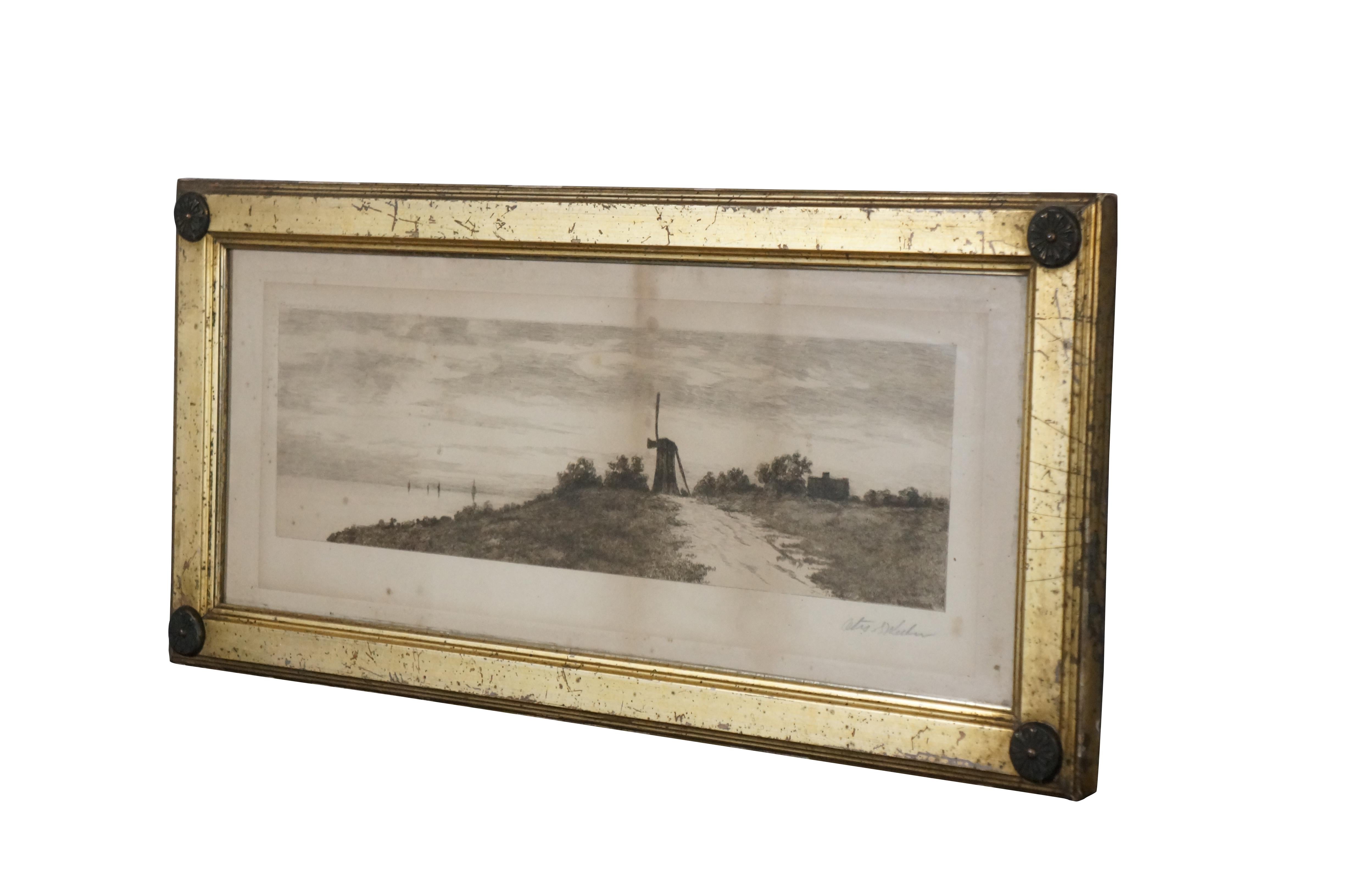 Incisione nautica in bianco e nero della fine del XIX secolo di Otis S. White. Paesaggio costiero panoramico con mulino a vento e barche a vela all'orizzonte. Firmato in lastra O.S. Weber, in basso a destra. Firmato a matita, in basso a destra.