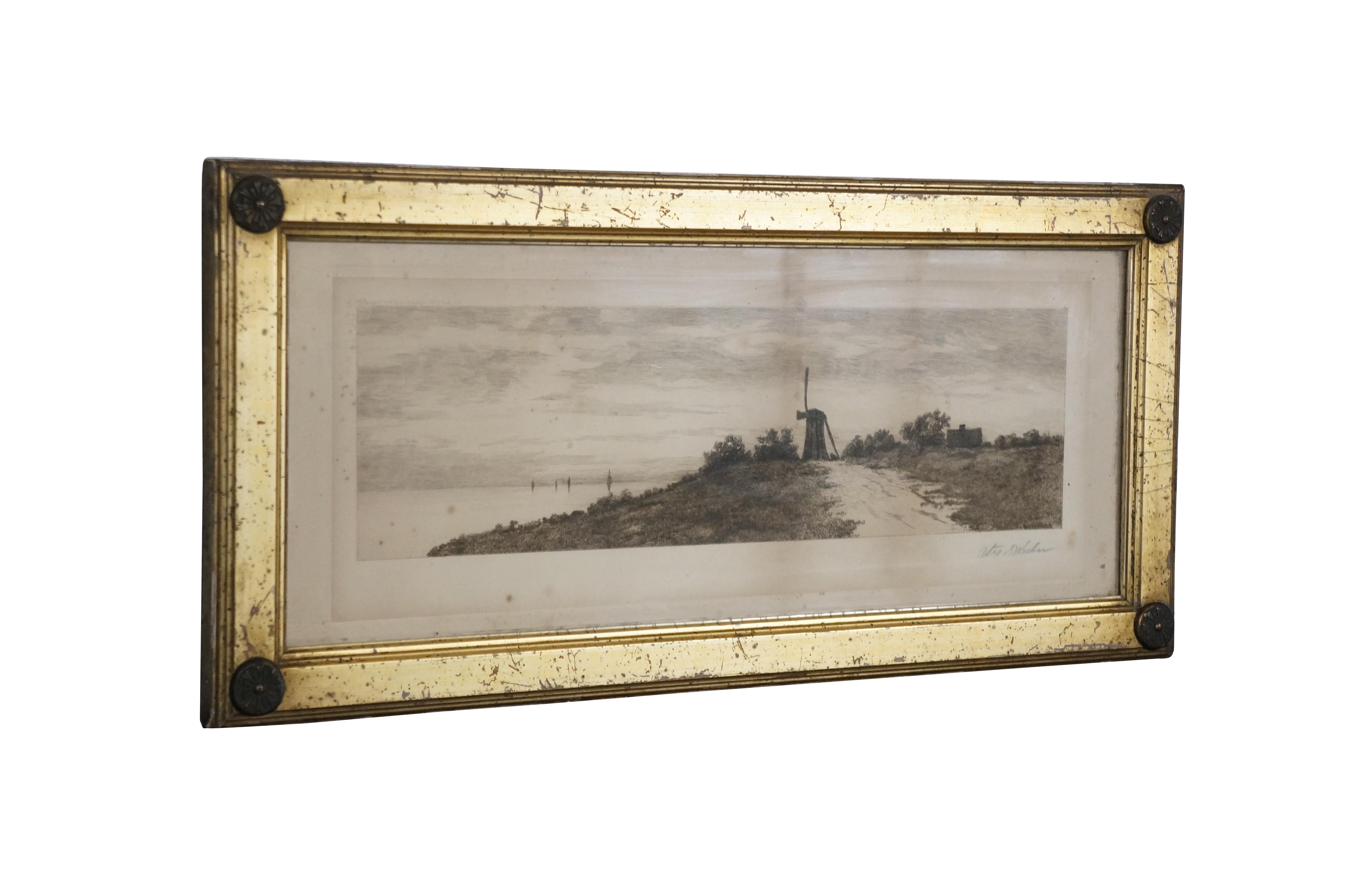Classico americano Antico 1889 Otis and Otis Weber, paesaggio costiero del New England con mulino a vento, acquaforte 23 in vendita