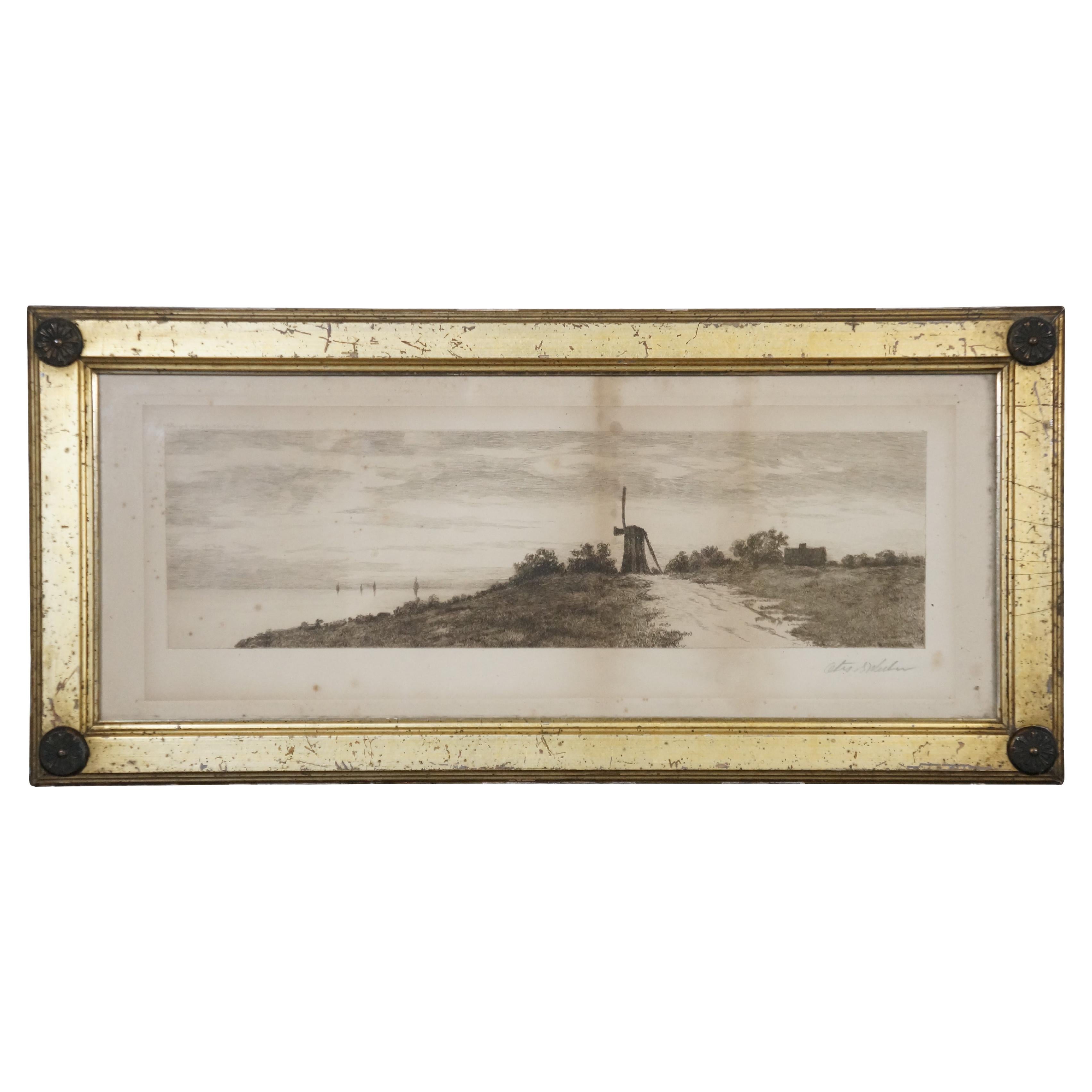 Antico 1889 Otis and Otis Weber, paesaggio costiero del New England con mulino a vento, acquaforte 23
