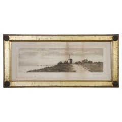 Antique 1889 Otis S Weber Coastal New England Windmill Landscape Etching 23"