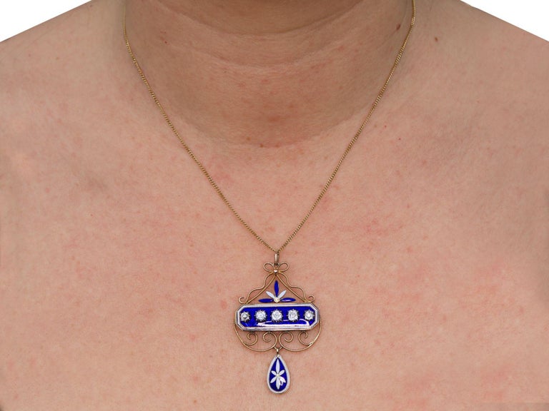 Antique 1.89 Carat Diamond and Enamel Yellow Gold and Silver Pendant ...