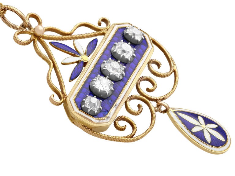 Antique 1.89 Carat Diamond and Enamel Yellow Gold and Silver Pendant ...