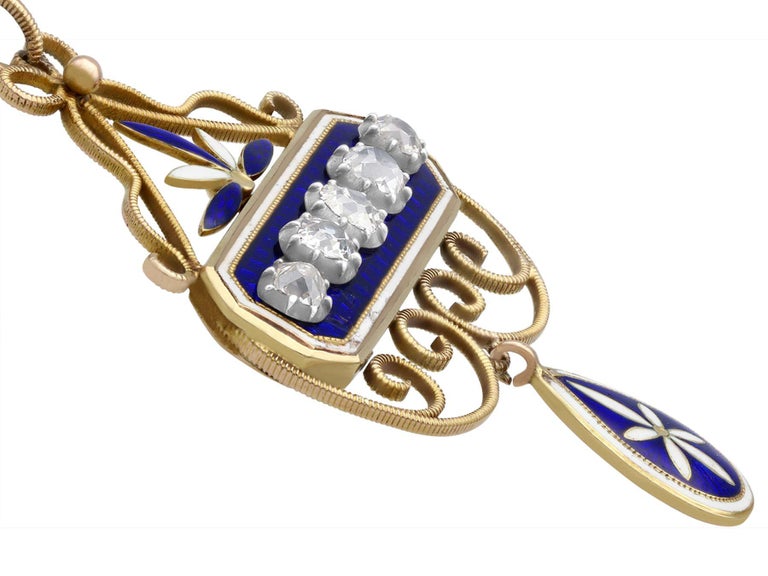 Antique 1.89 Carat Diamond and Enamel Yellow Gold and Silver Pendant ...