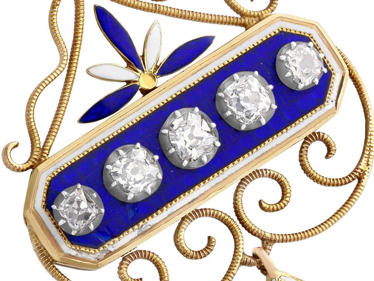 Antique 1.89 Carat Diamond and Enamel Yellow Gold and Silver Pendant ...