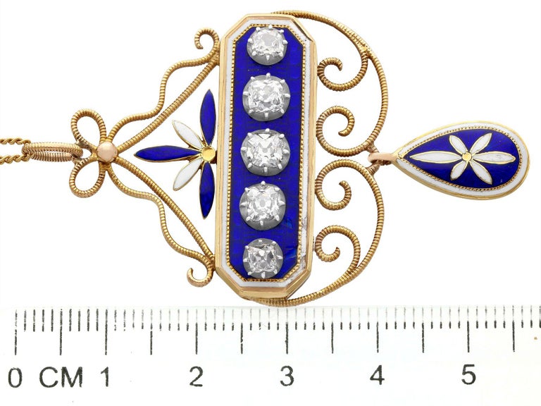Antique 1.89 Carat Diamond and Enamel Yellow Gold and Silver Pendant ...