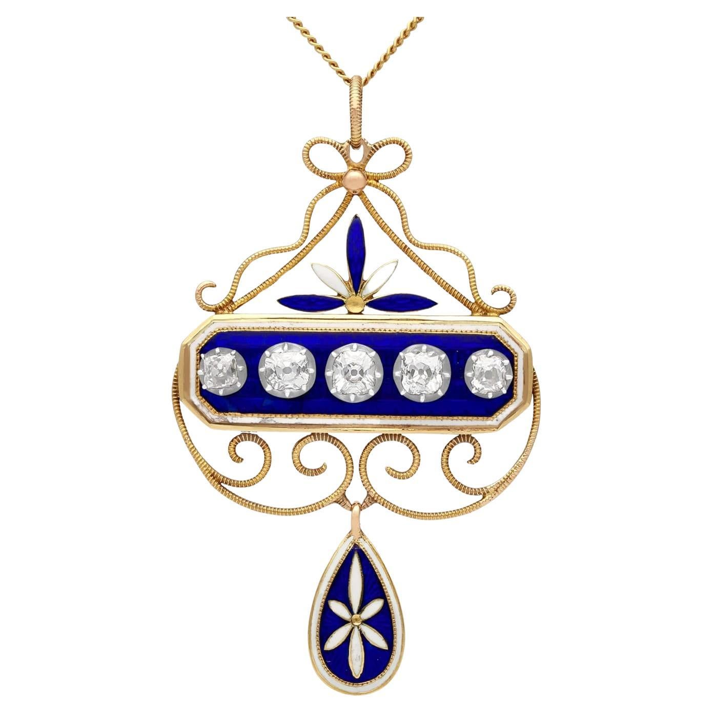 Pendentif ancien en or jaune et argent avec diamants de 1,89 carat et émail