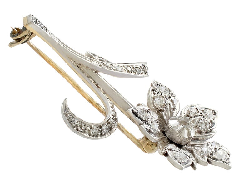 Old European Cut Antique 1.89 Carat Diamond and Yellow Gold Silver Set Floral Brooch For Sale
