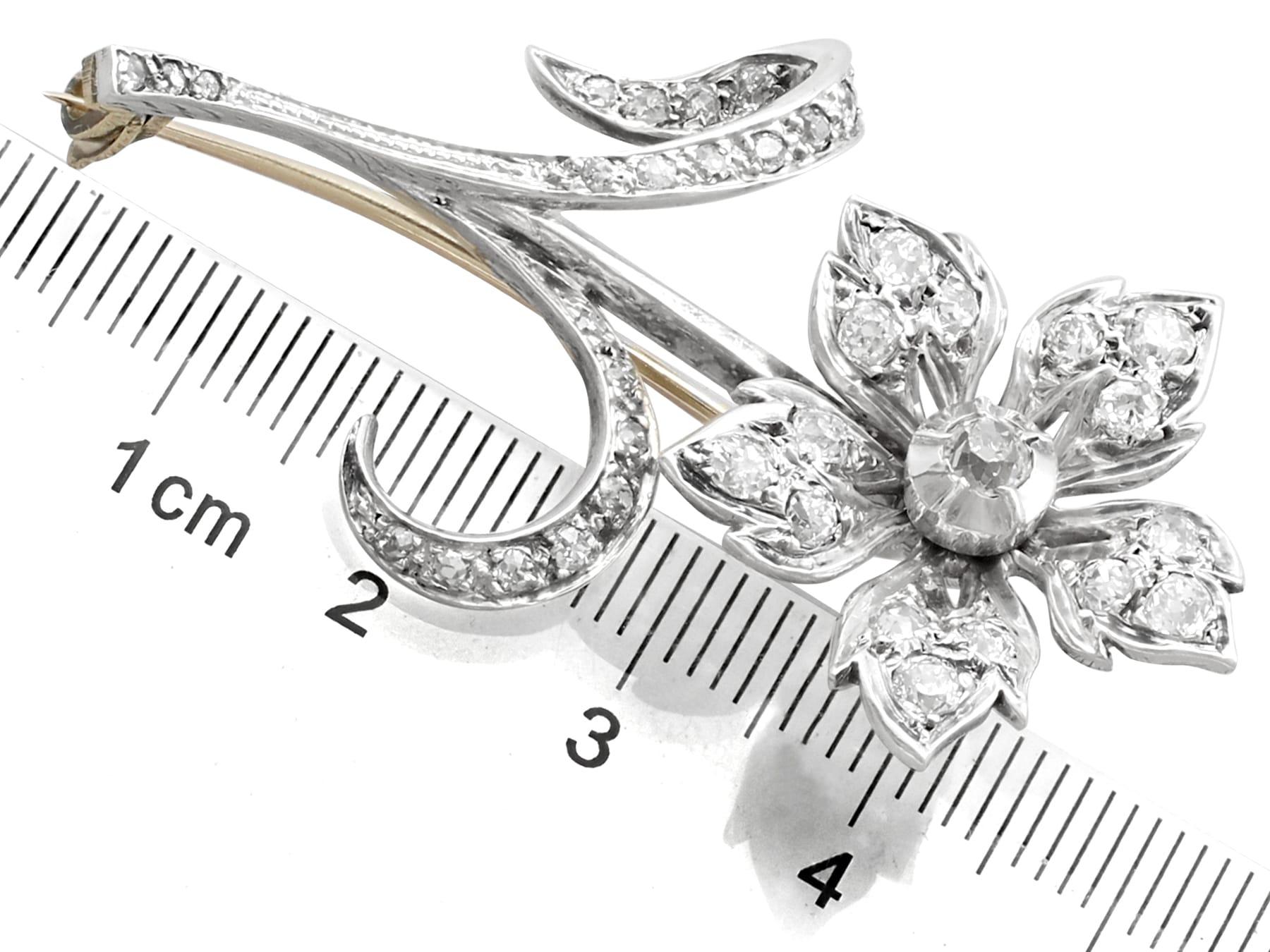 Old European Cut Antique 1.89 Carat Diamond and Yellow Gold Silver Set Floral Brooch For Sale