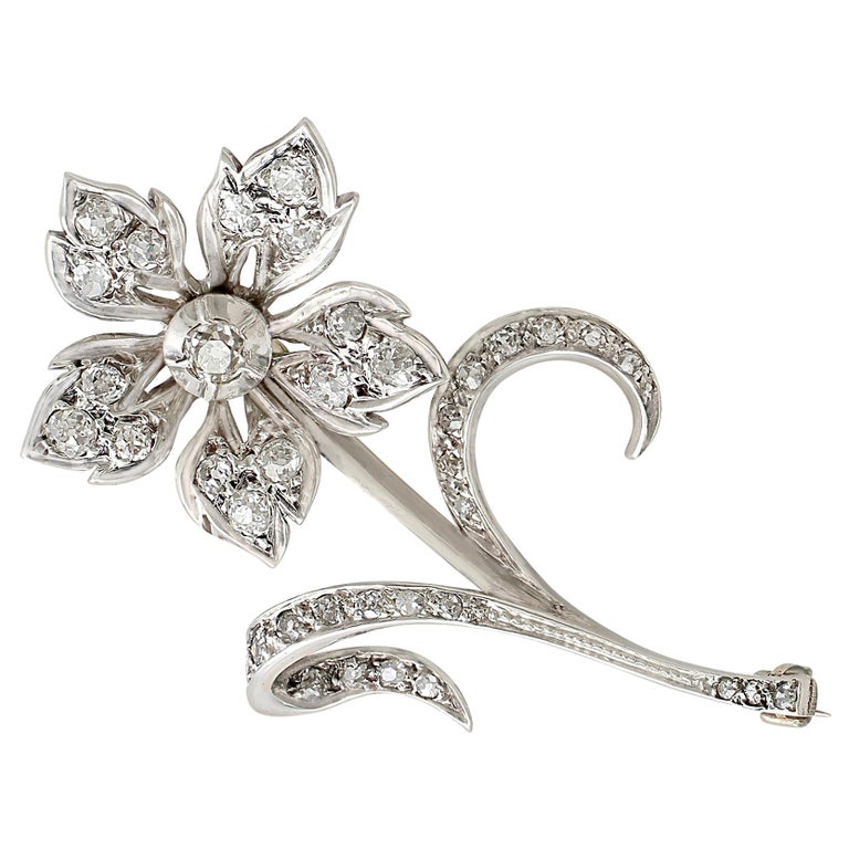Antique 1.89 Carat Diamond and Yellow Gold Silver Set Floral Brooch For ...