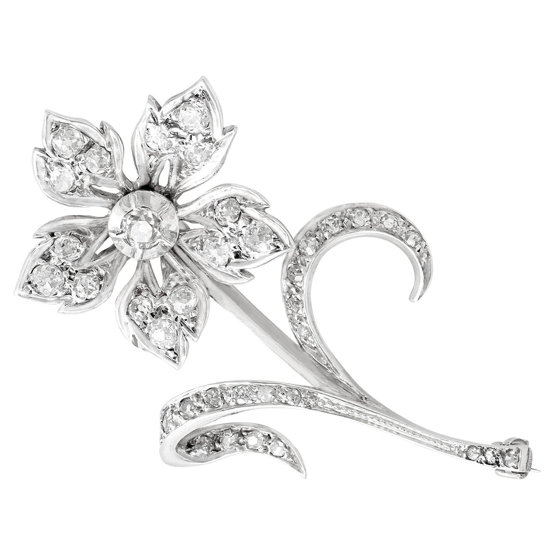 Antique 1.89 Carat Diamond and Yellow Gold Silver Set Floral Brooch For Sale