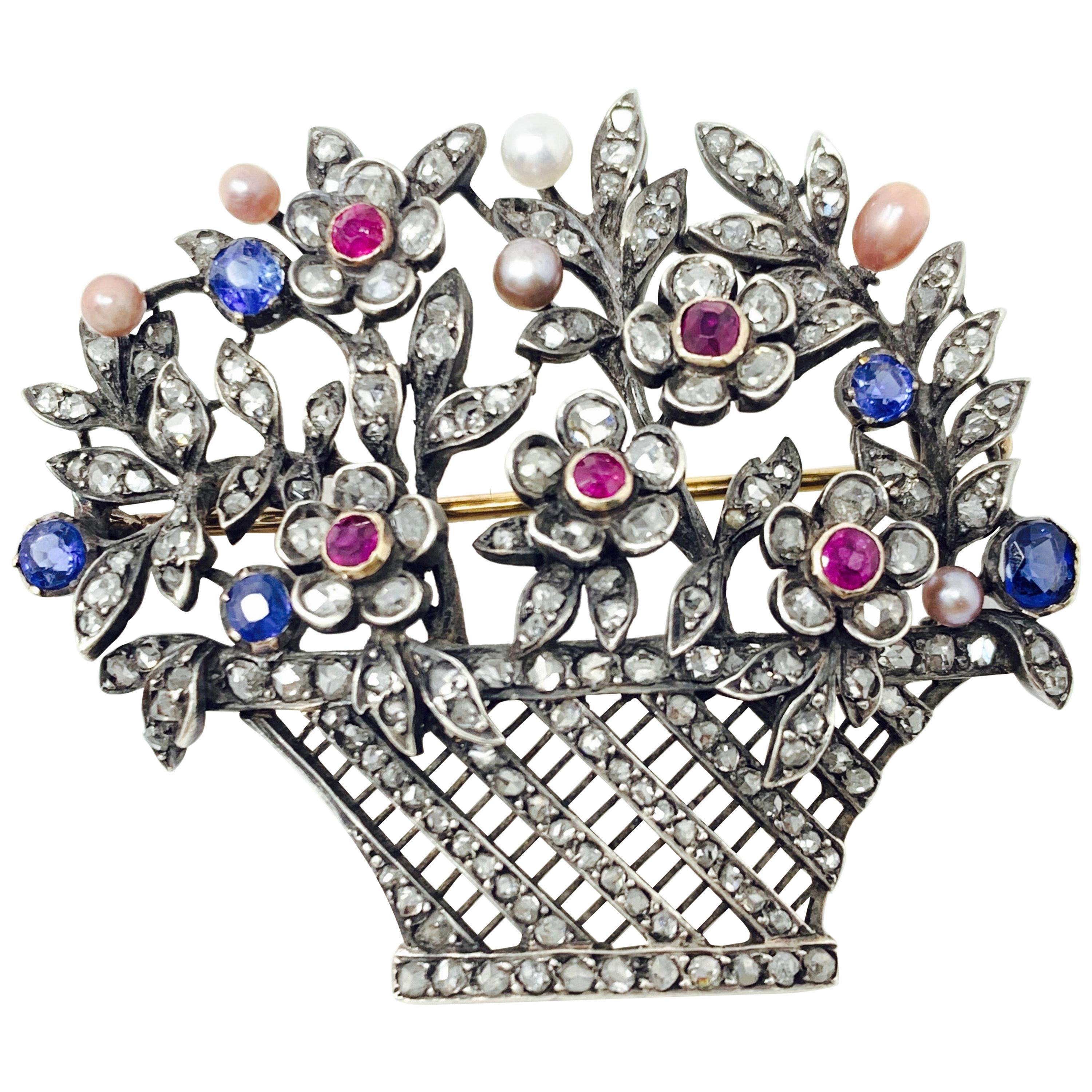 Antique 1890-1910 White Diamond Blue Sapphire Pearl Ruby Broach in 14 Karat Gold For Sale