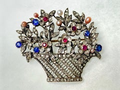 Antique 1890-1910 White Diamond Blue Sapphire Pearl Ruby Broach in 14 Karat Gold