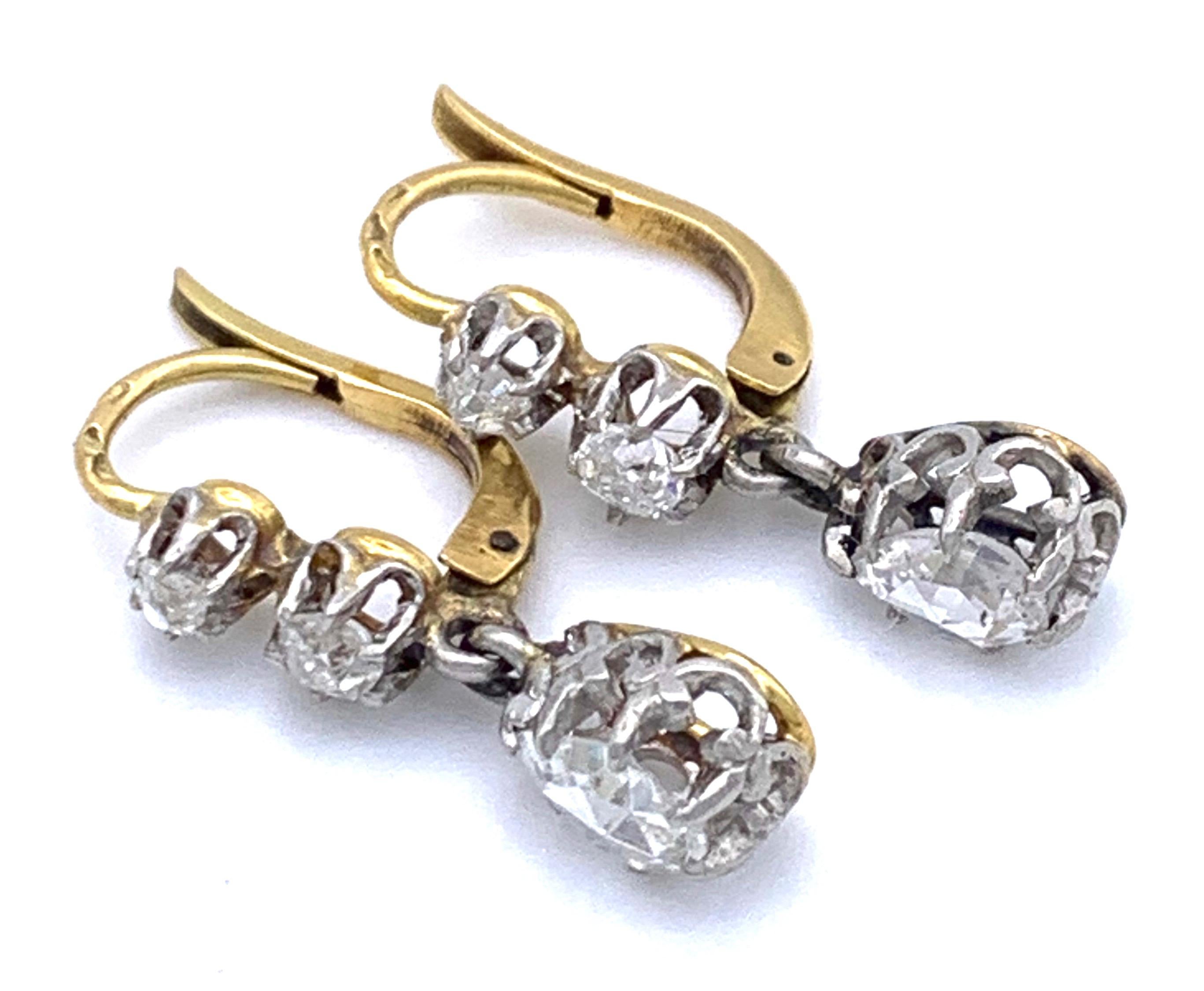 Rose Cut Antique 1890 Belle Époque Rose Diamond 14 Kt Gold Platinum Drop Dangle Earrings
