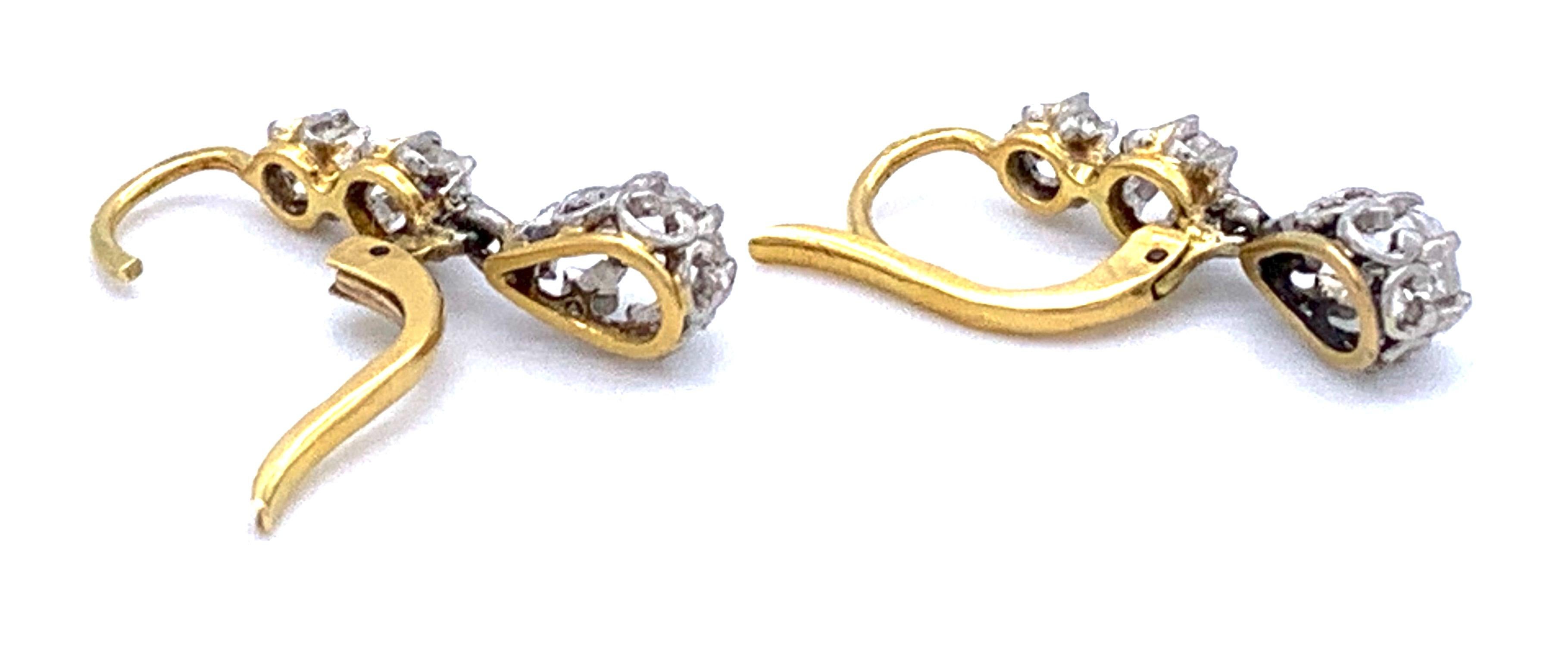 Antique 1890 Belle Époque Rose Diamond 14 Kt Gold Platinum Drop Dangle Earrings In Good Condition In Munich, Bavaria