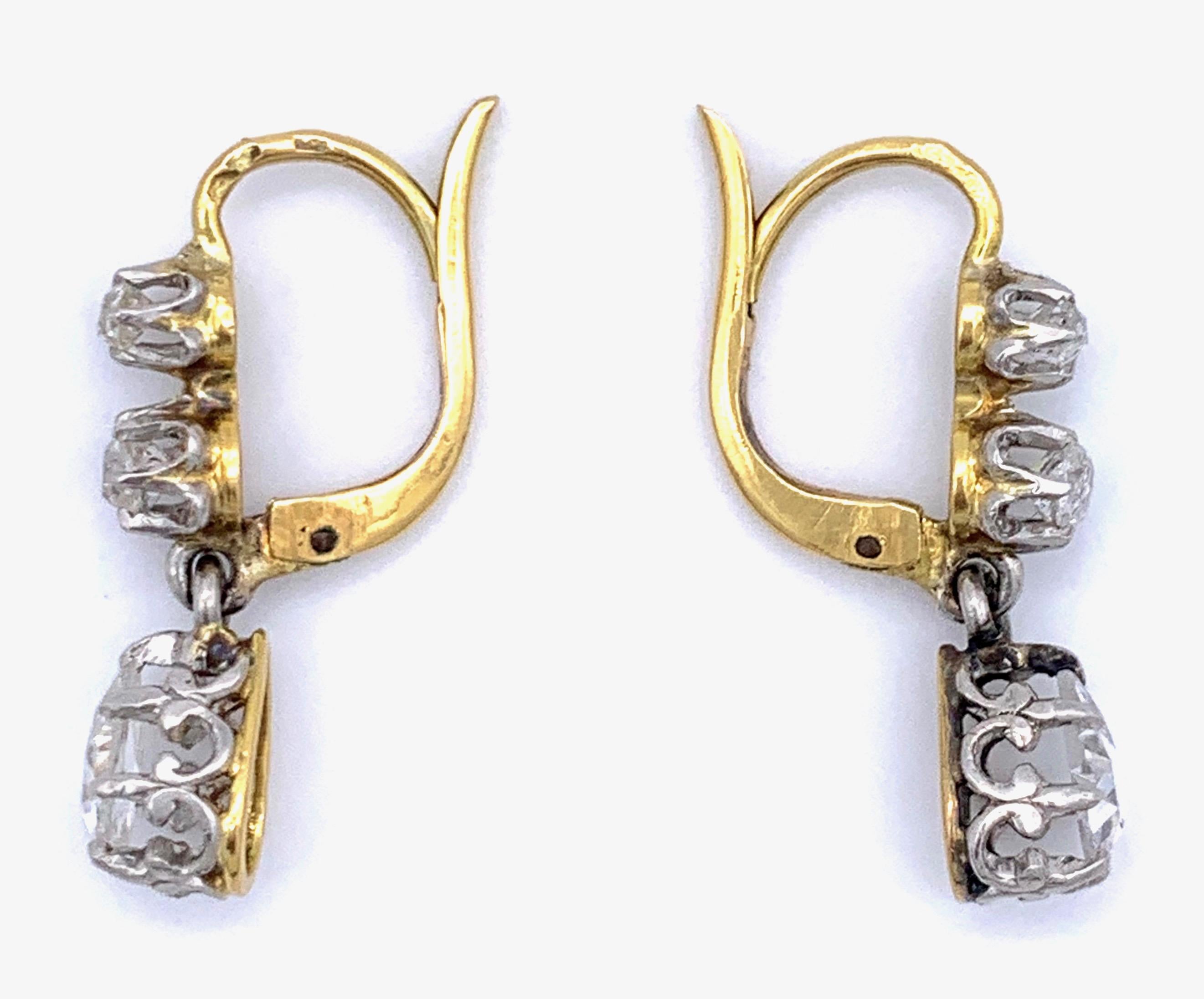 Women's Antique 1890 Belle Époque Rose Diamond 14 Kt Gold Platinum Drop Dangle Earrings