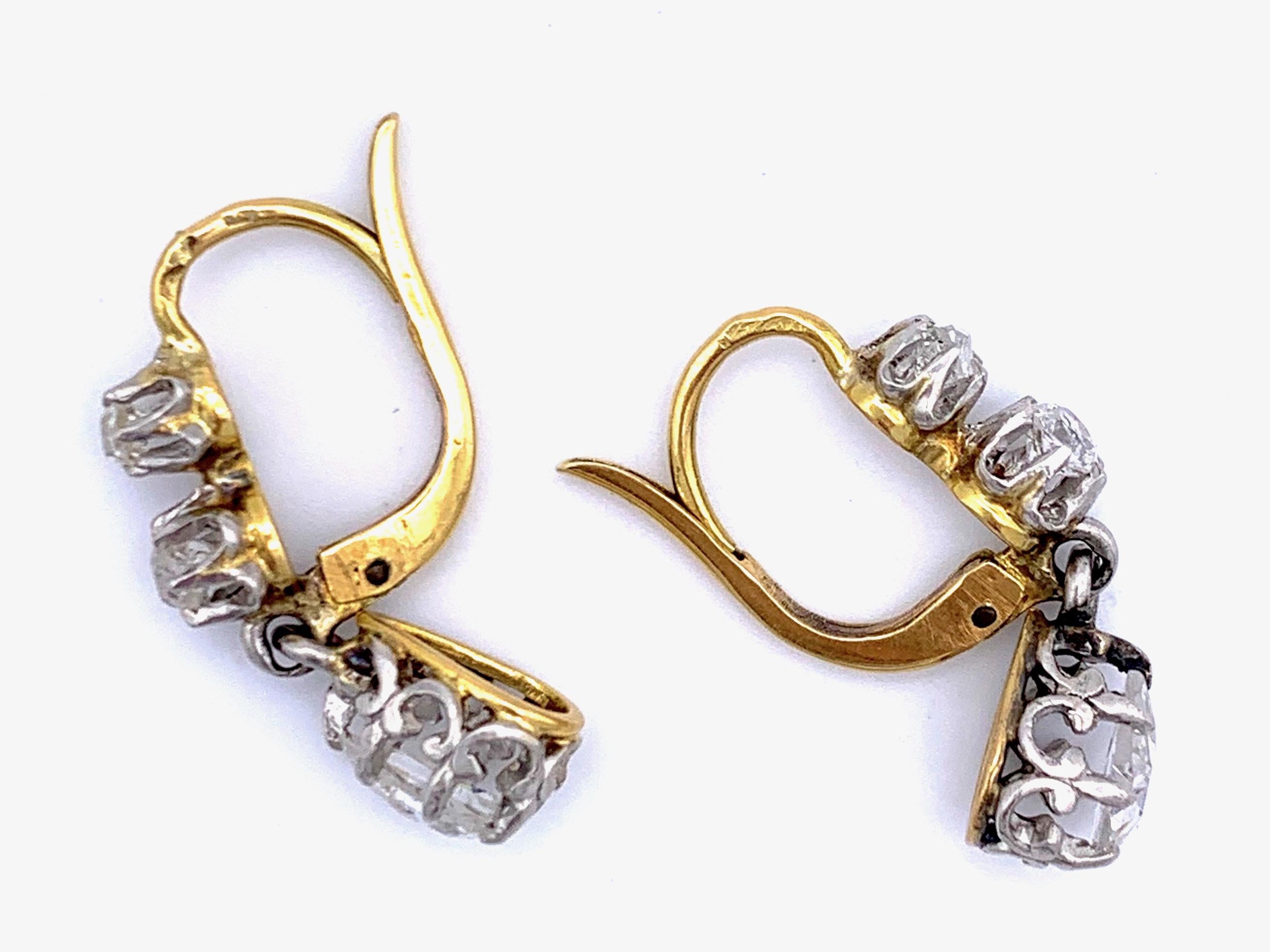 Antique 1890 Belle Époque Rose Diamond 14 Kt Gold Platinum Drop Dangle Earrings 1
