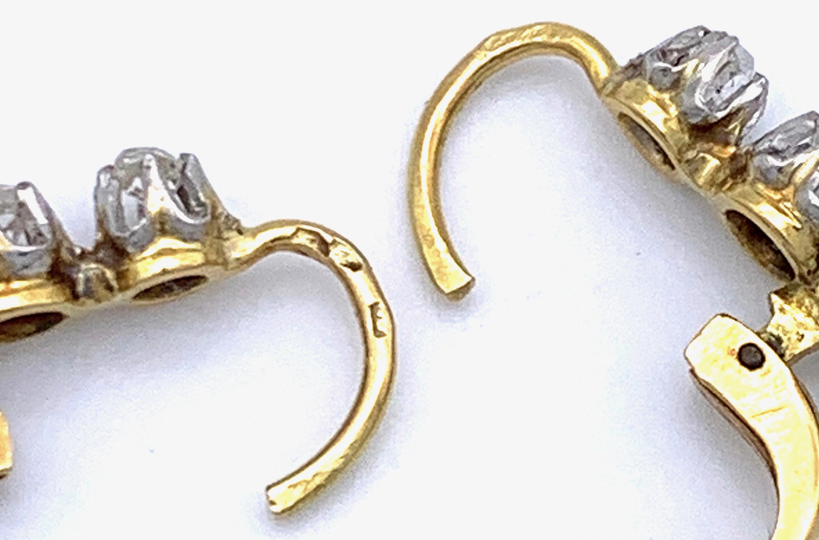 Antique 1890 Belle Époque Rose Diamond 14 Kt Gold Platinum Drop Dangle Earrings 2