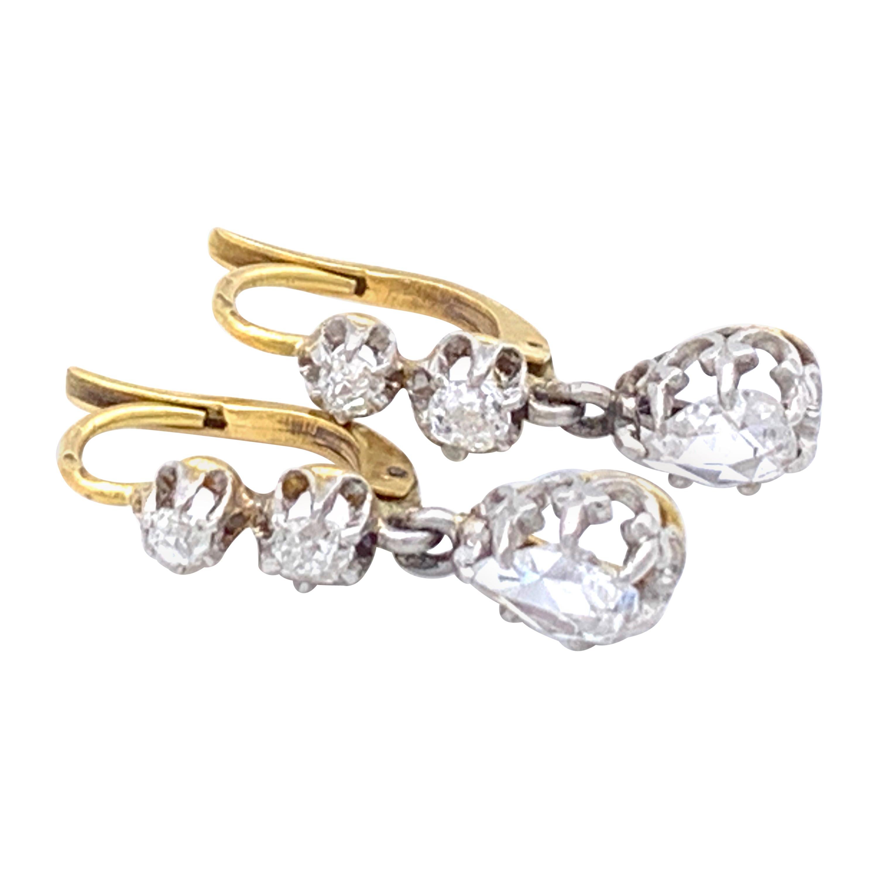 Antique 1890 Belle Époque Rose Diamond 14 Kt Gold Platinum Drop Dangle Earrings
