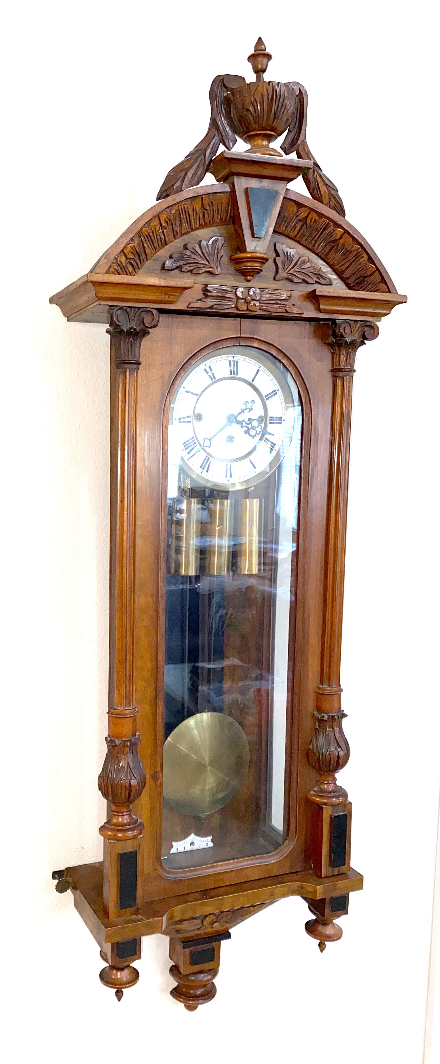 Here is an excellent original antique German Gustav Becker 3 weight driven regulator wall clock. This clock is 51
