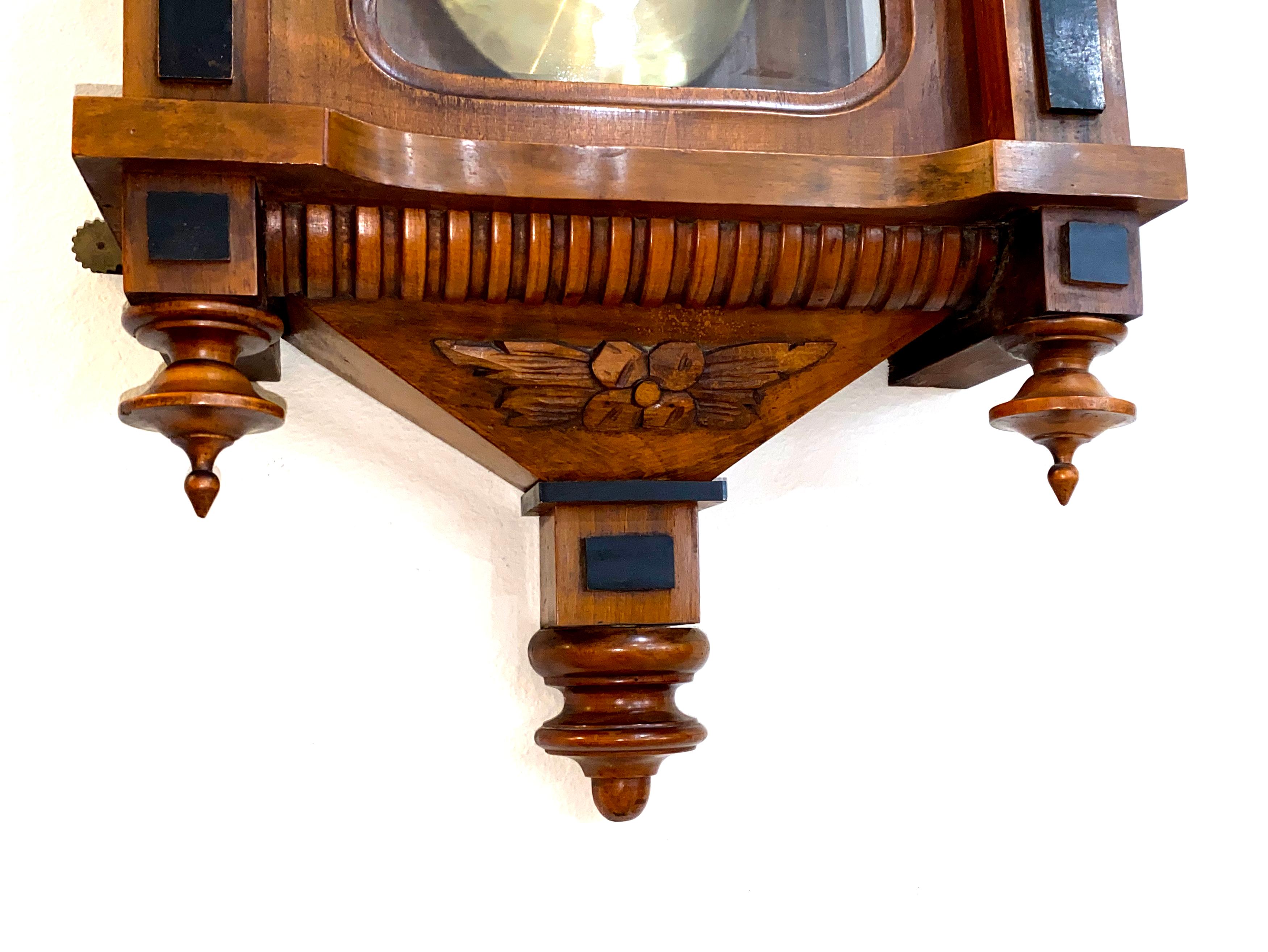 Antique 1890 German Gustav Becker Carved Crest 3 Wt. Vienna Regulator Wall Clock In Good Condition In Danville, CA