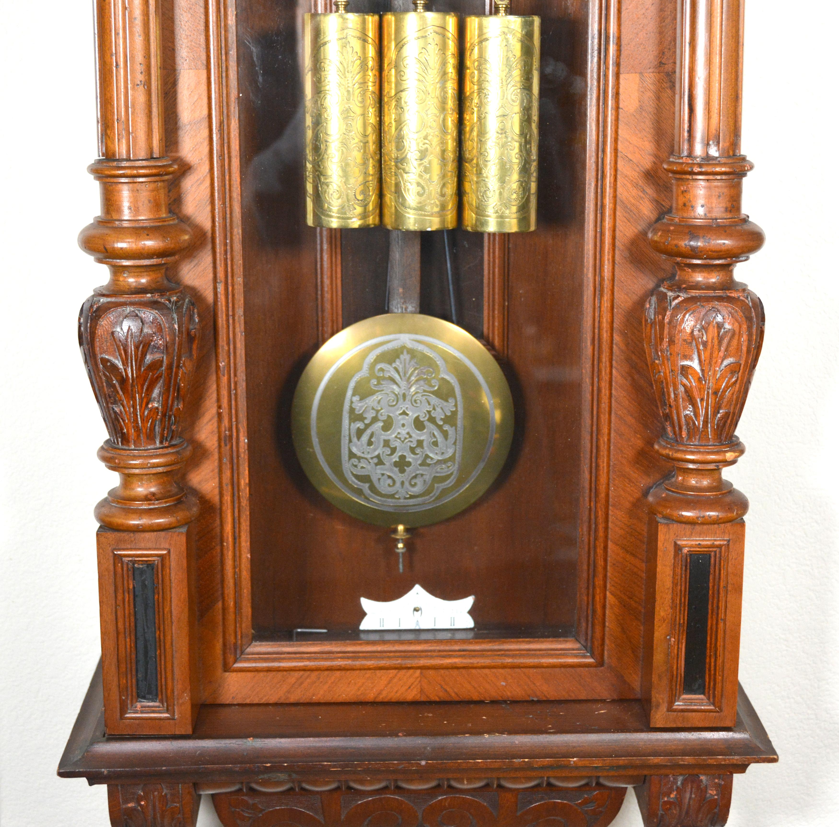 Antique 1890 German Kienzle Grand Sonnerie Vienna Regulator Wall Clock In Fair Condition For Sale In Danville, CA