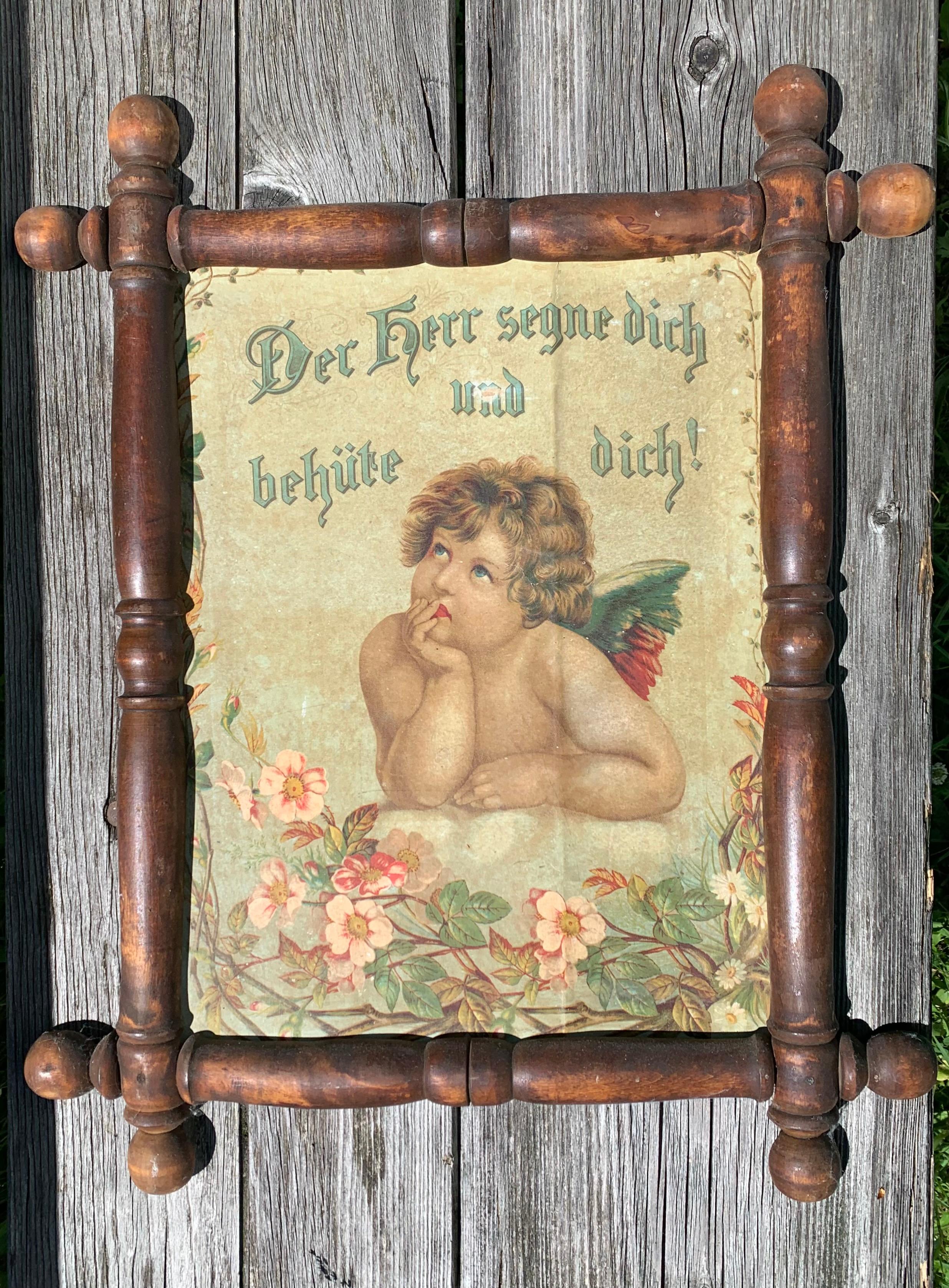 German Antique 1890 Pair of Belle Époque Folk Art Frames Angel Prints For Sale