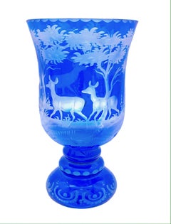 Antique 1890 Pair of Blue and White Carved Crystal Wine Glasses Deer Stag
