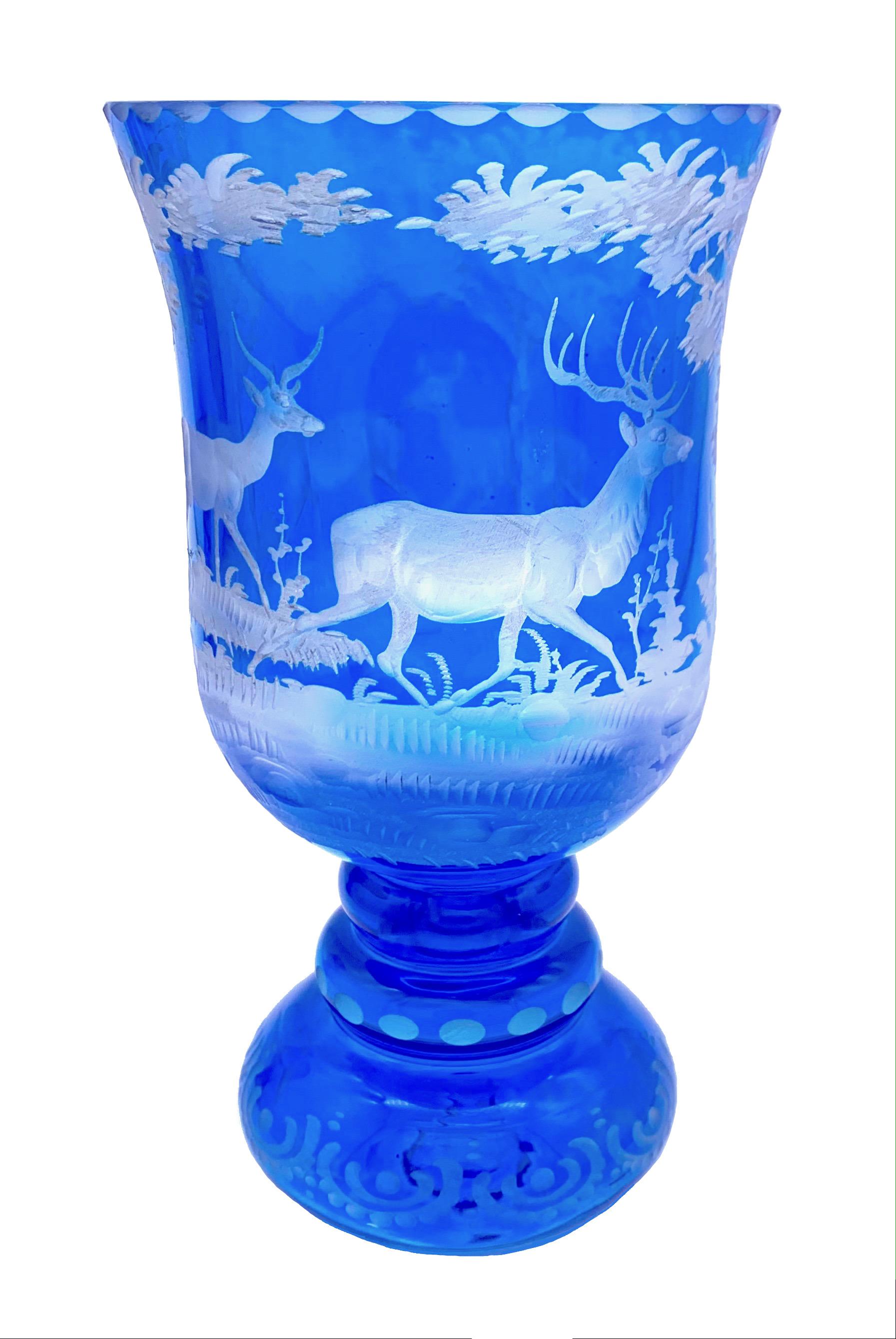 Hand-Carved Antique 1890 Pair of Blue and White Carved Crystal Wine Glasses Deer Stag