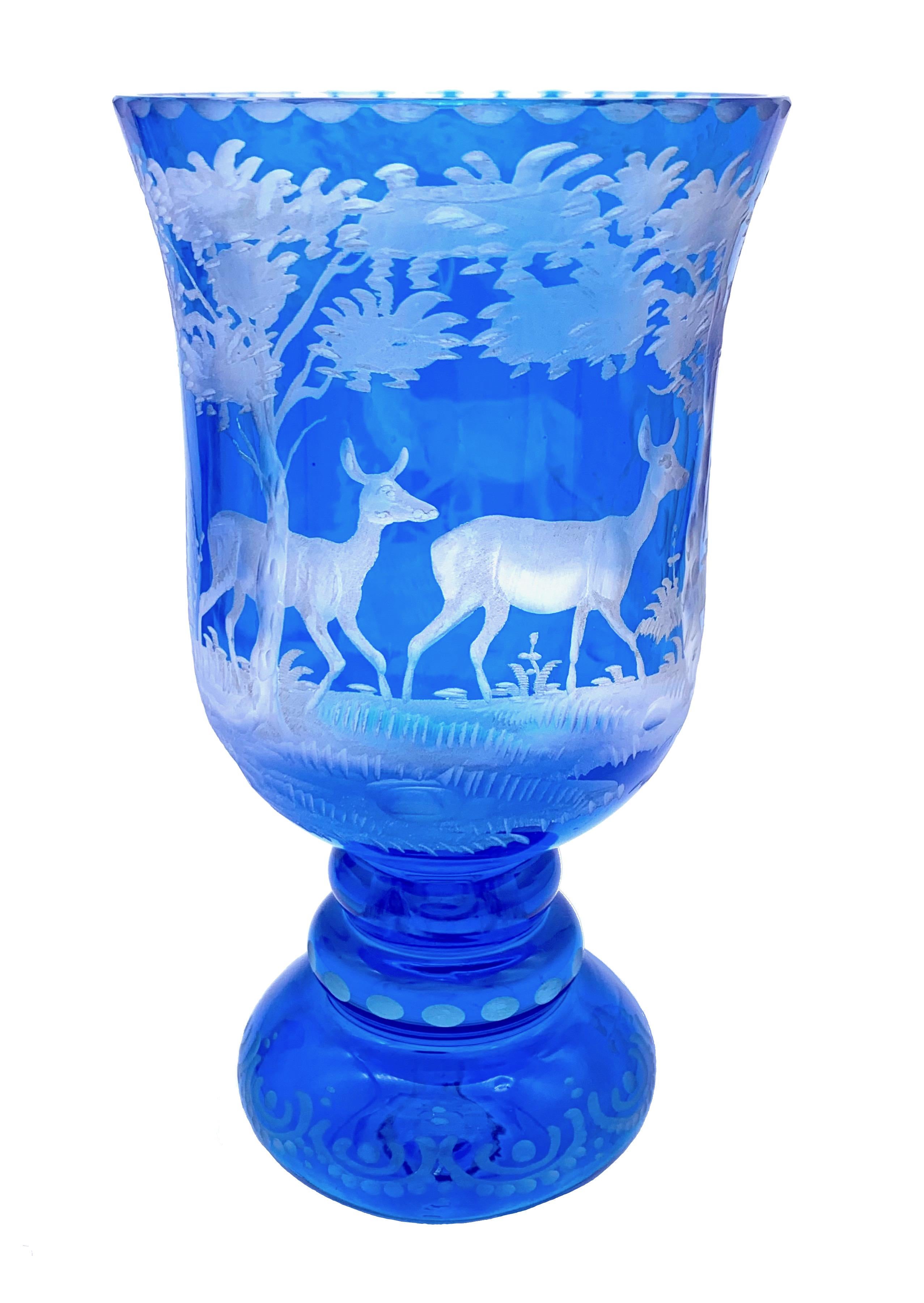 Antique 1890 Pair of Blue and White Carved Crystal Wine Glasses Deer Stag In Excellent Condition In Munich, DE