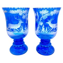 Antique 1890 Pair of Blue and White Carved Crystal Wine Glasses Deer Stag