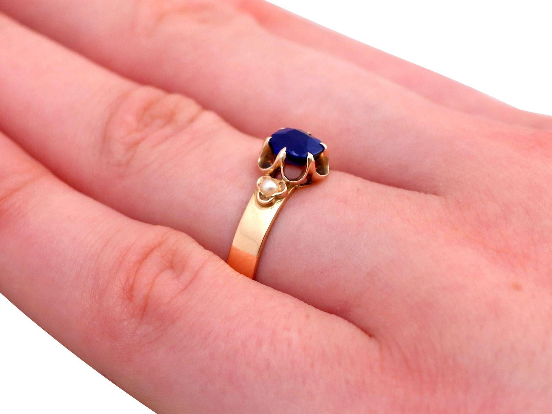 Cushion Cut Antique 1890s 1.09 Carat Sapphire Pearl Yellow Gold Cocktail Ring