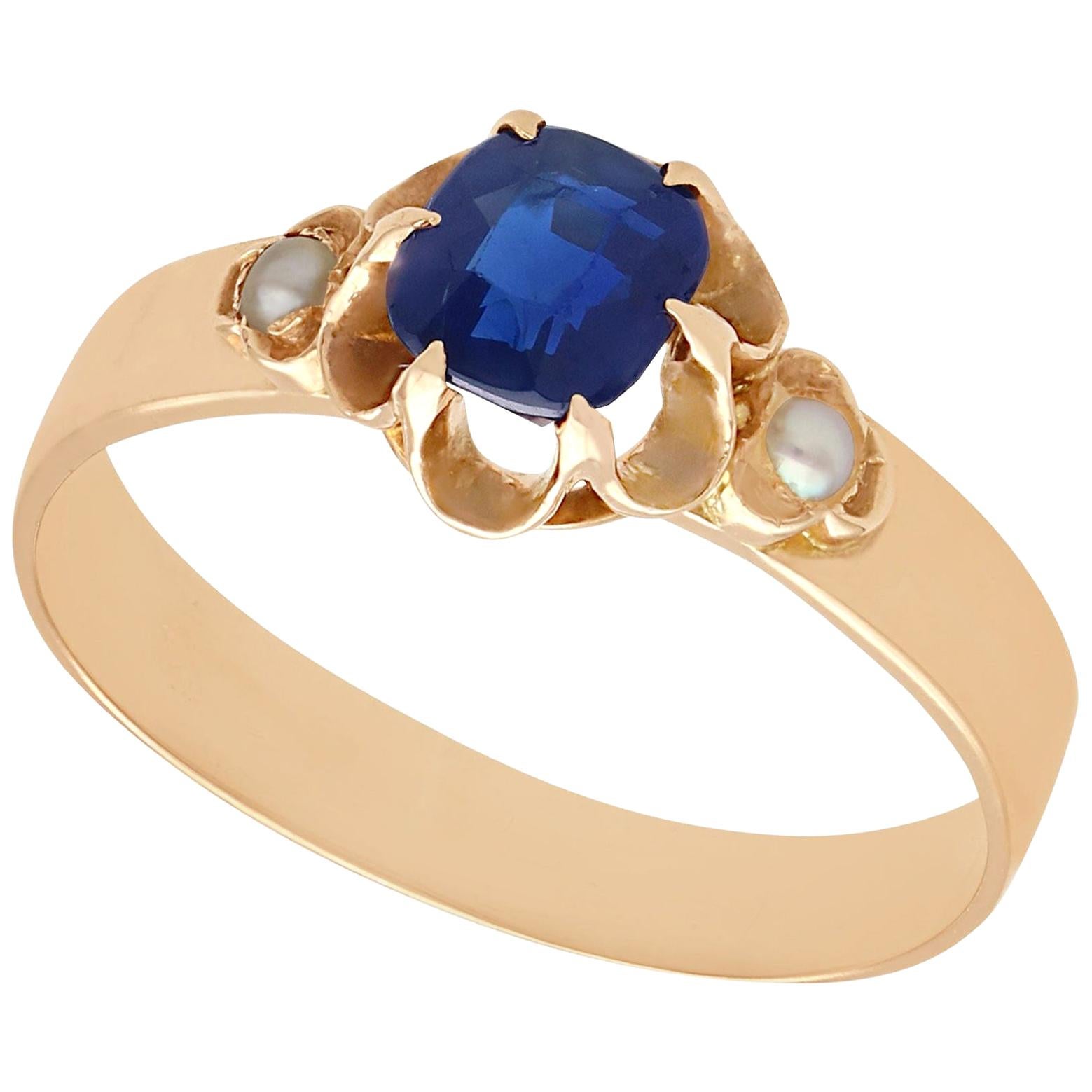 Antique 1890s 1.09 Carat Sapphire Pearl Yellow Gold Cocktail Ring