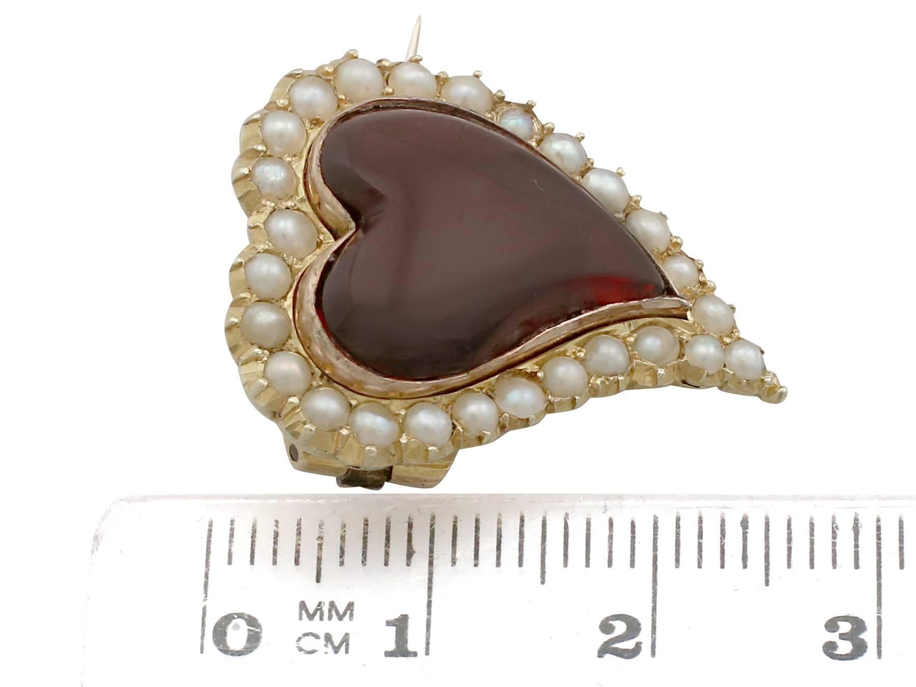 Antique 1890s 5.65 Carat Garnet and Seed Pearl Yellow Gold Heart Brooch 1