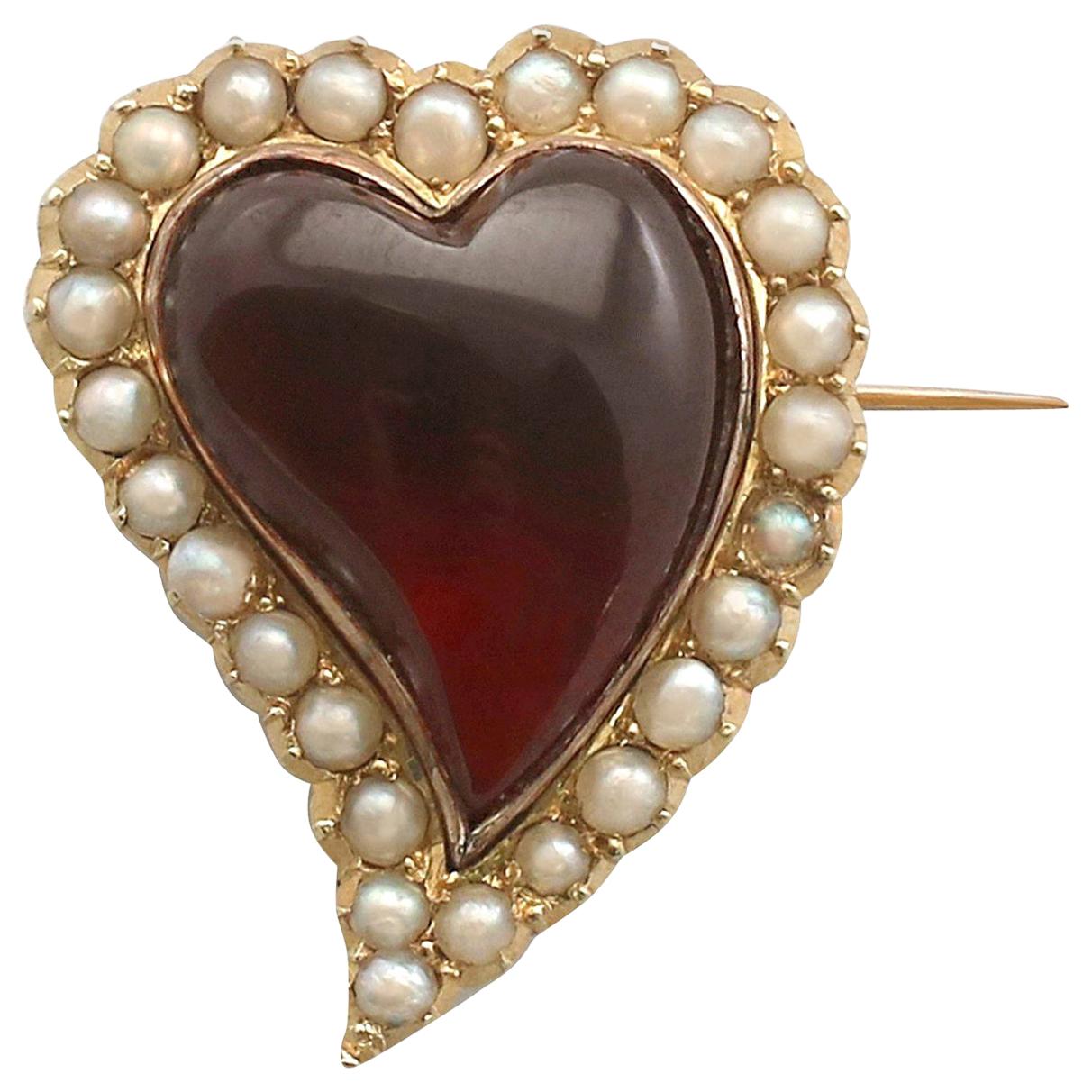 Antique 1890s 5.65 Carat Garnet and Seed Pearl Yellow Gold Heart Brooch