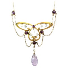Antique 1890's Art Nouveau Amethyst 14K Gold Necklace
