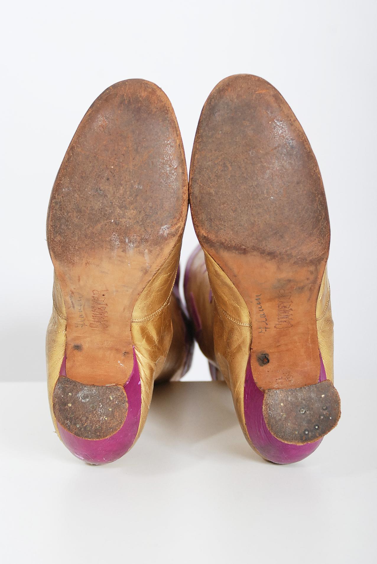 Vintage 1890er Jahre Cammeyer Couture viktorianische Schnürstiefel aus Leder in Gold und violett  im Angebot 1