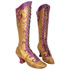 Antike 1890's Cammeyer Couture Gold & lila Leder Lace-Up viktorianischen Stiefel