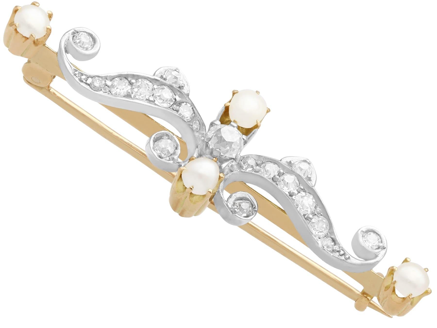 Round Cut Antique 1890s Diamond and Pearl Yellow Gold Brooch For Sale