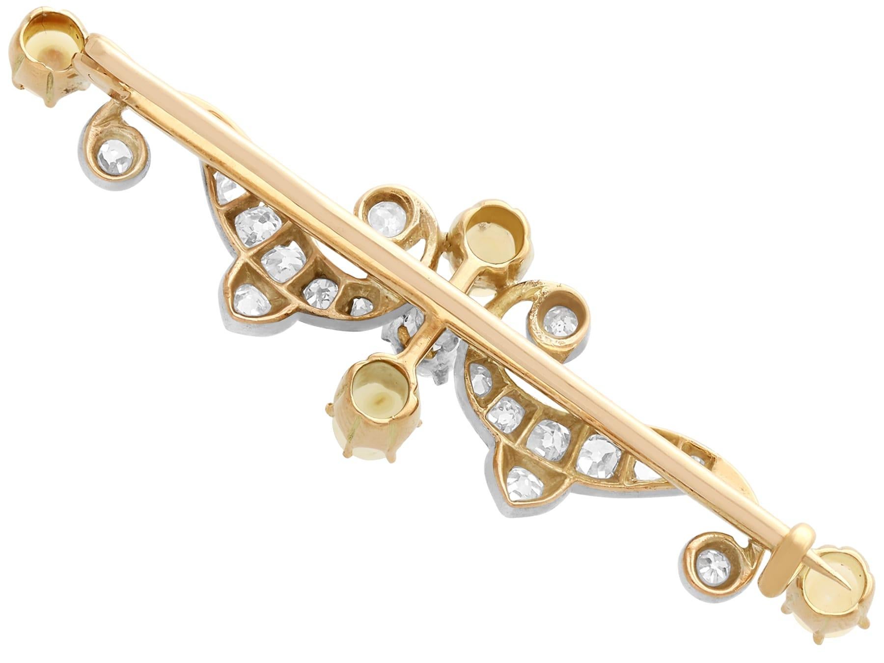 Antique 1890s Diamond and Pearl Yellow Gold Brooch In Excellent Condition For Sale In Jesmond, Newcastle Upon Tyne