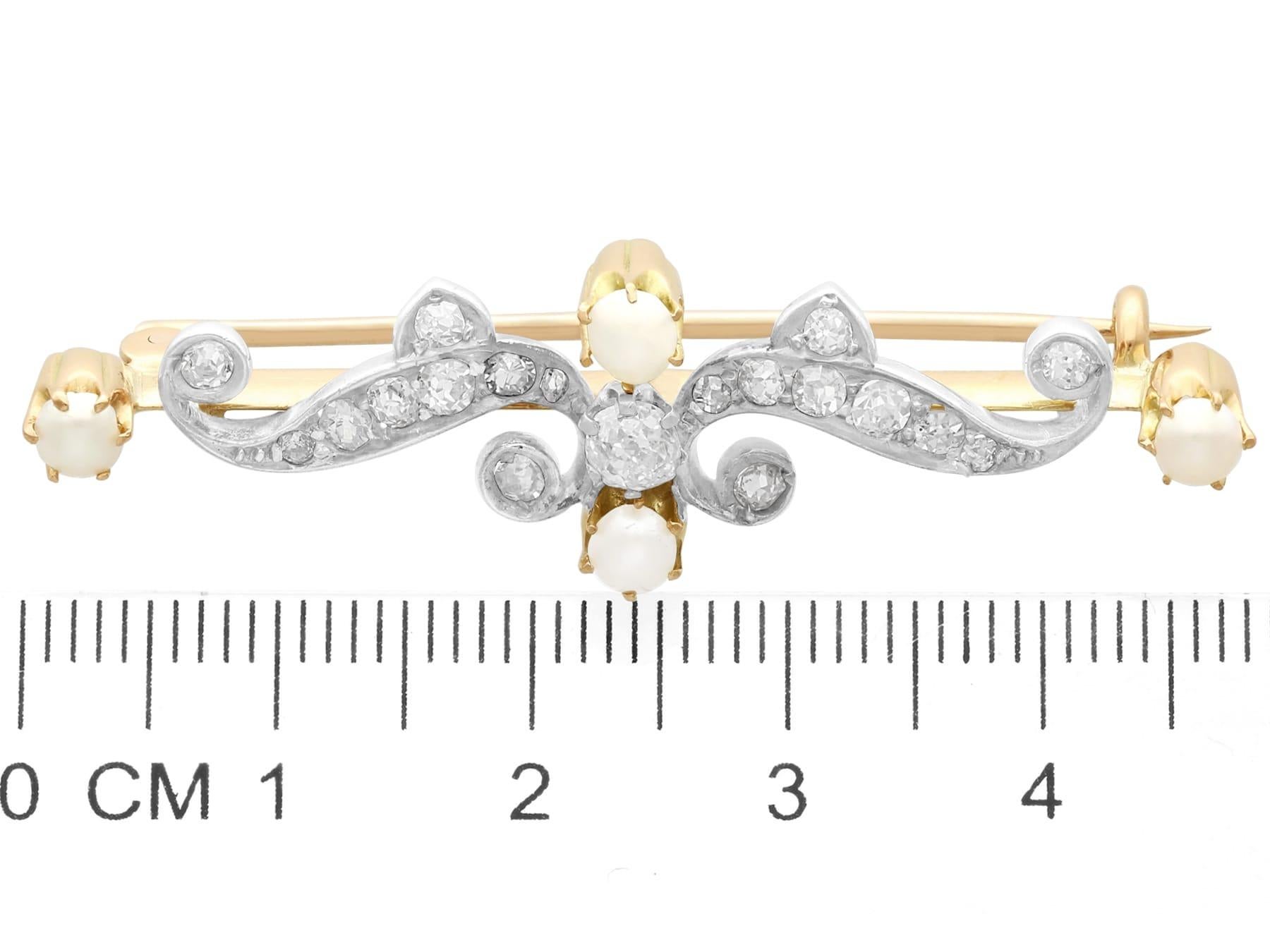 Antique 1890s Diamond and Pearl Yellow Gold Brooch For Sale 1