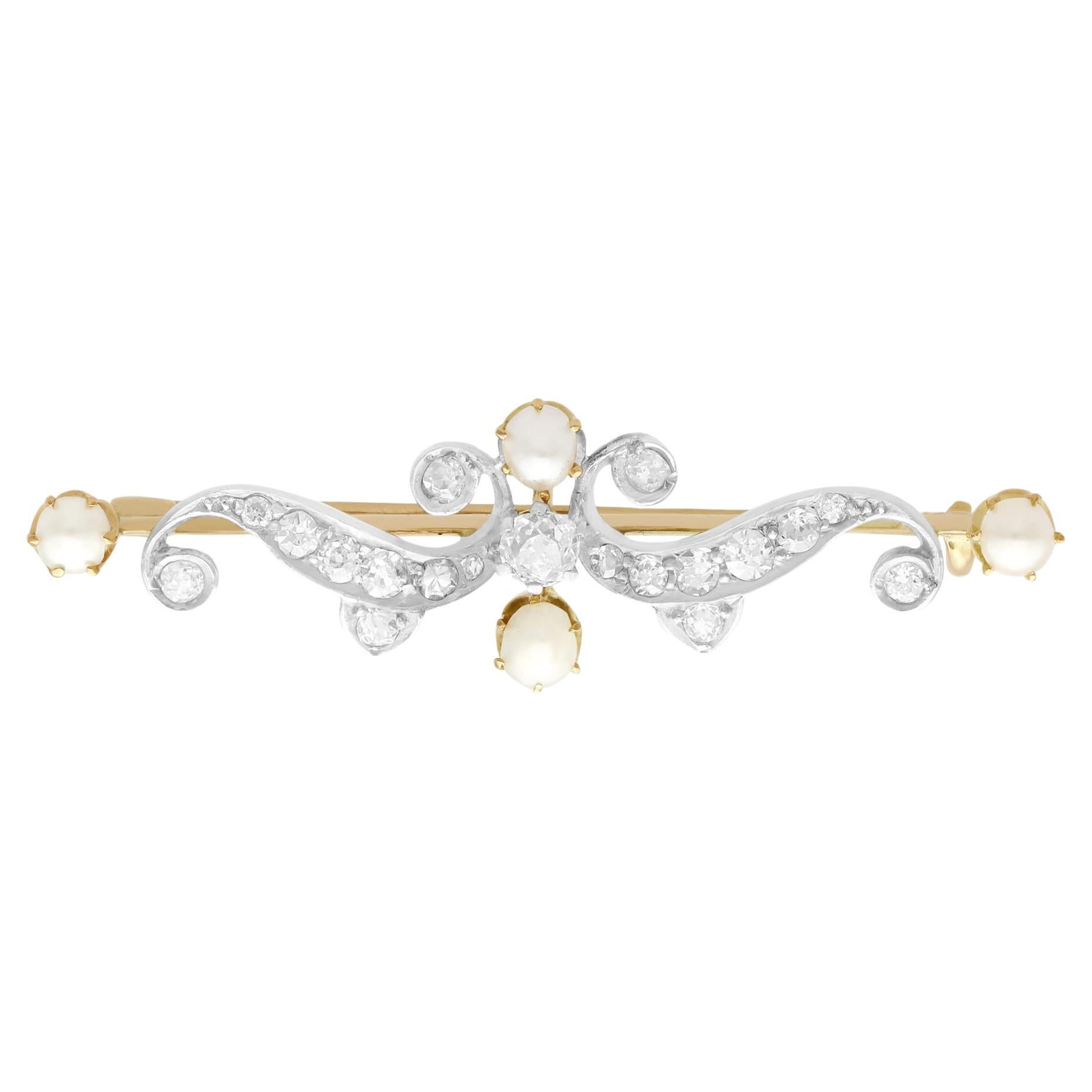 Antique 1890s Diamond and Pearl Yellow Gold Brooch For Sale