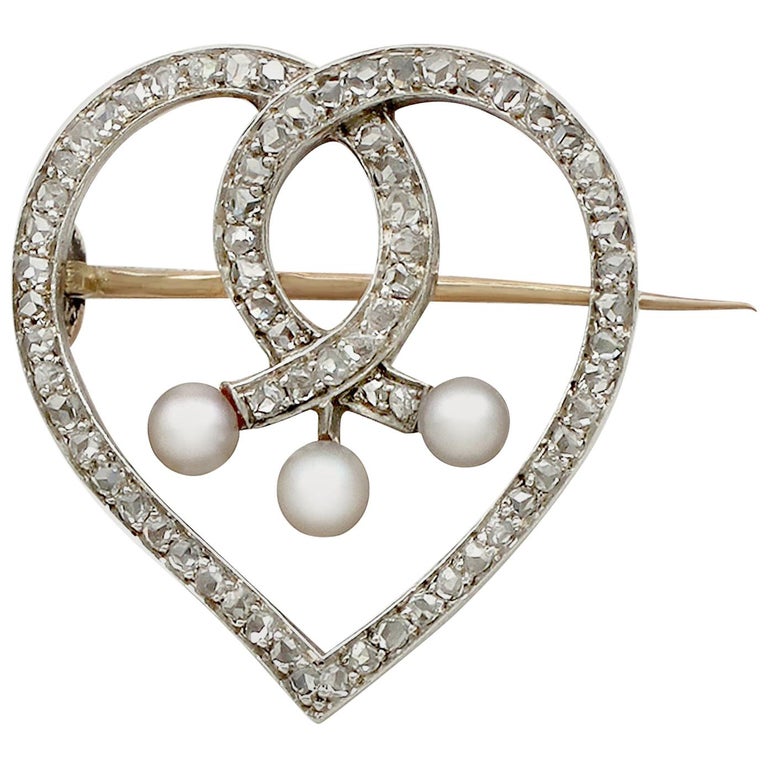 Antique 1890s Diamond Seed Pearl Yellow Gold 'Heart' Brooch For Sale at ...