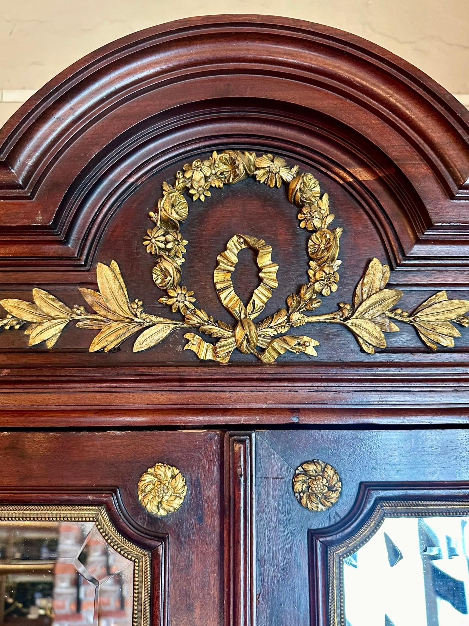 Beveled Antique 1890s French Plum Pudding Mahogany & Gold Bronze Mirrored 2 Door Armoire For Sale