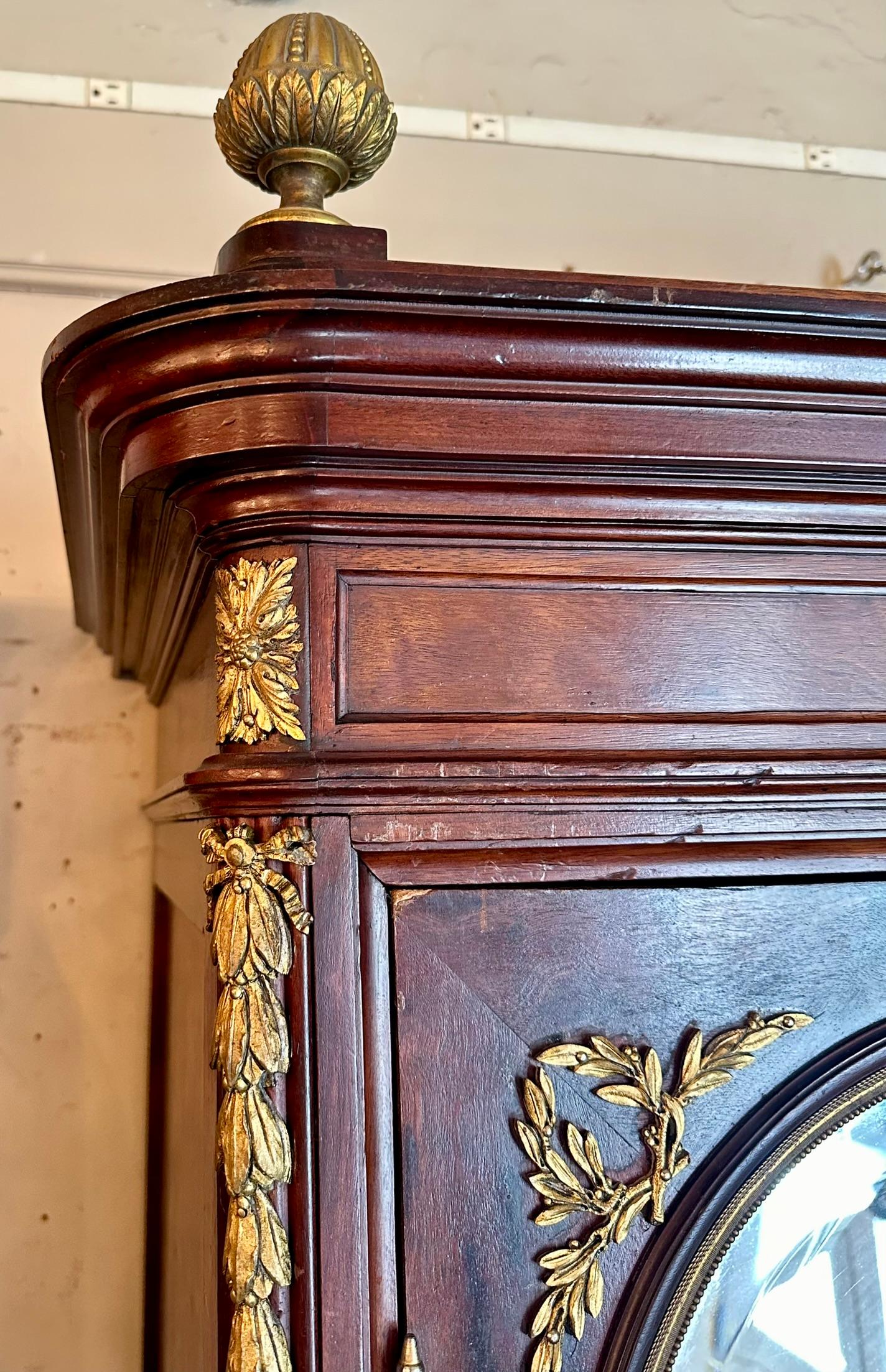 Antique 1890s French Plum Pudding Mahogany & Gold Bronze Mirrored 2 Door Armoire In Good Condition For Sale In New Orleans, LA