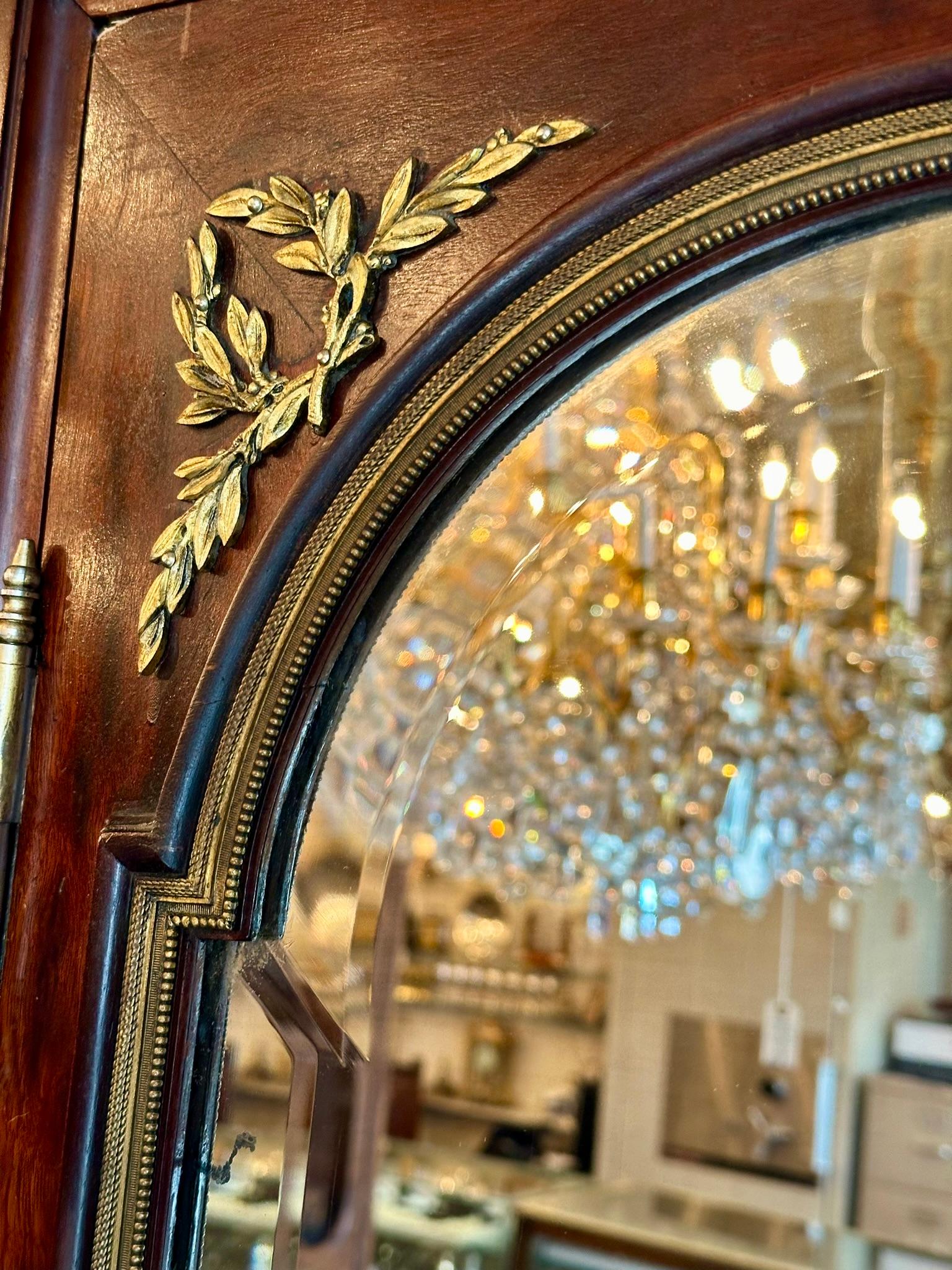 20th Century Antique 1890s French Plum Pudding Mahogany & Gold Bronze Mirrored 2 Door Armoire For Sale