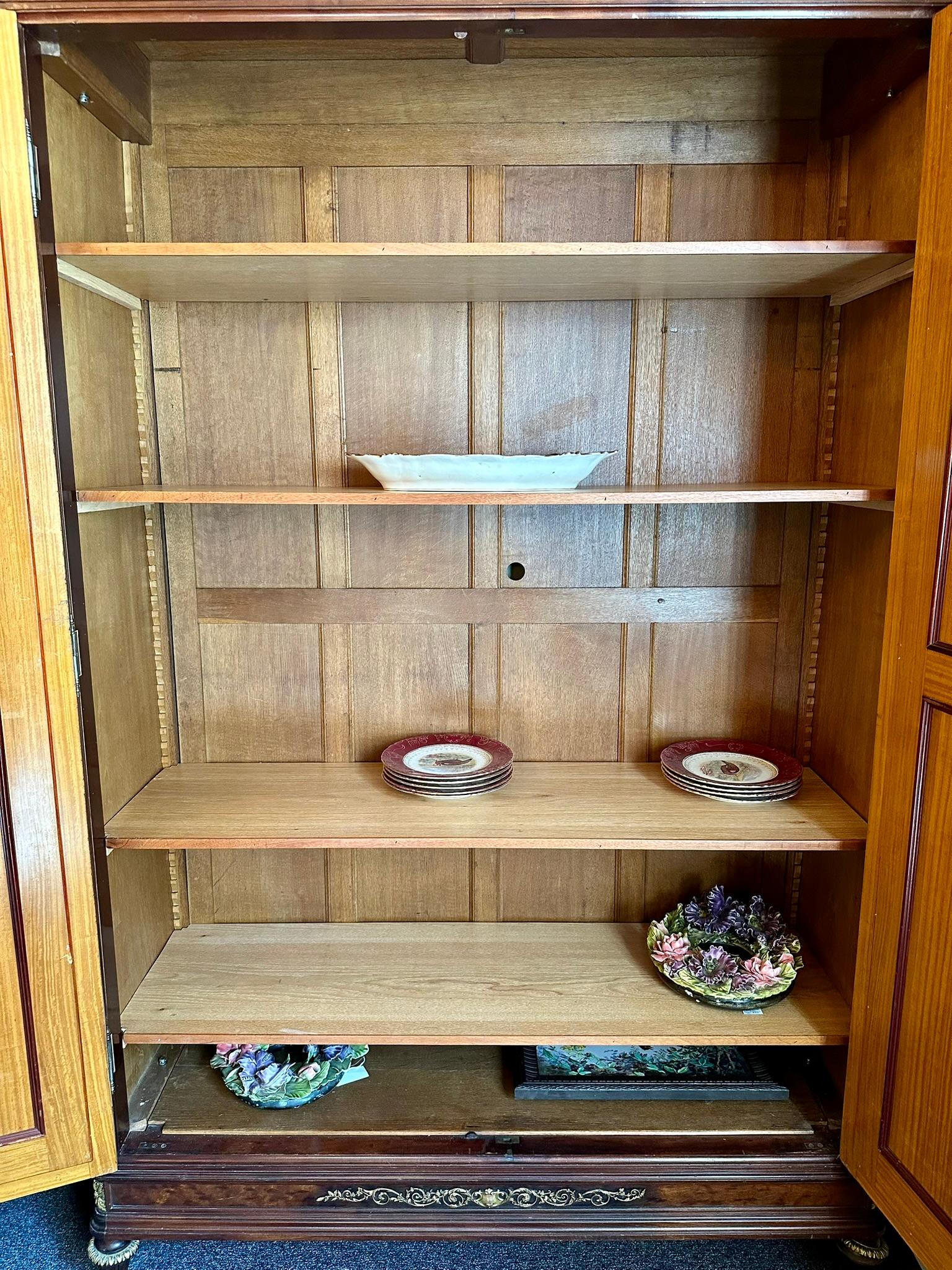 Antique 1890s French Plum Pudding Mahogany & Gold Bronze Mirrored 2 Door Armoire For Sale 1